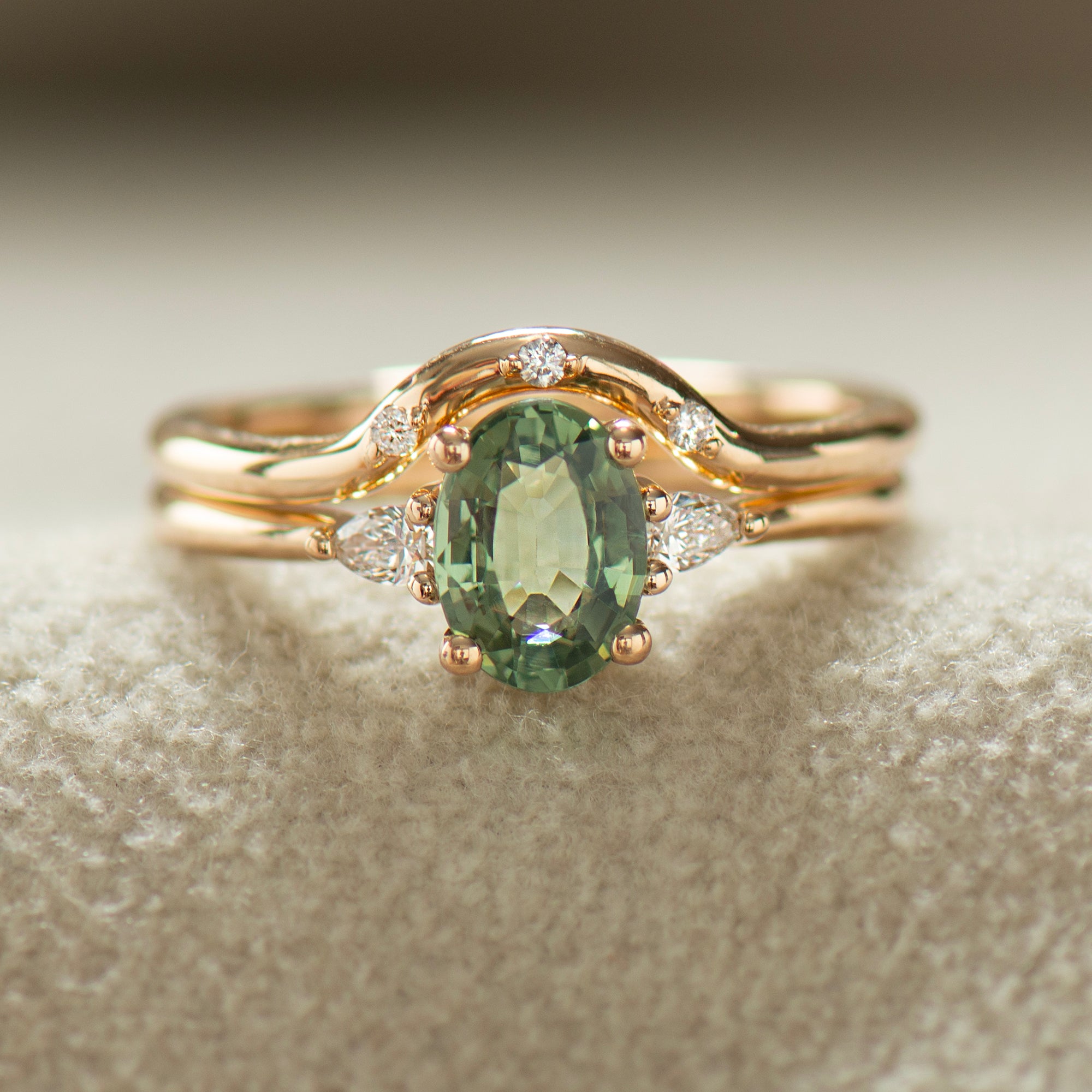 Curved Matching Three Diamonds Wedding Ring