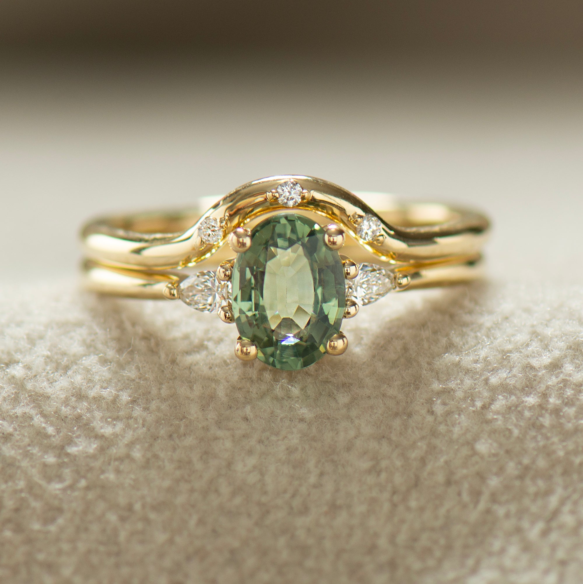 Curved Matching Three Diamonds Wedding Ring