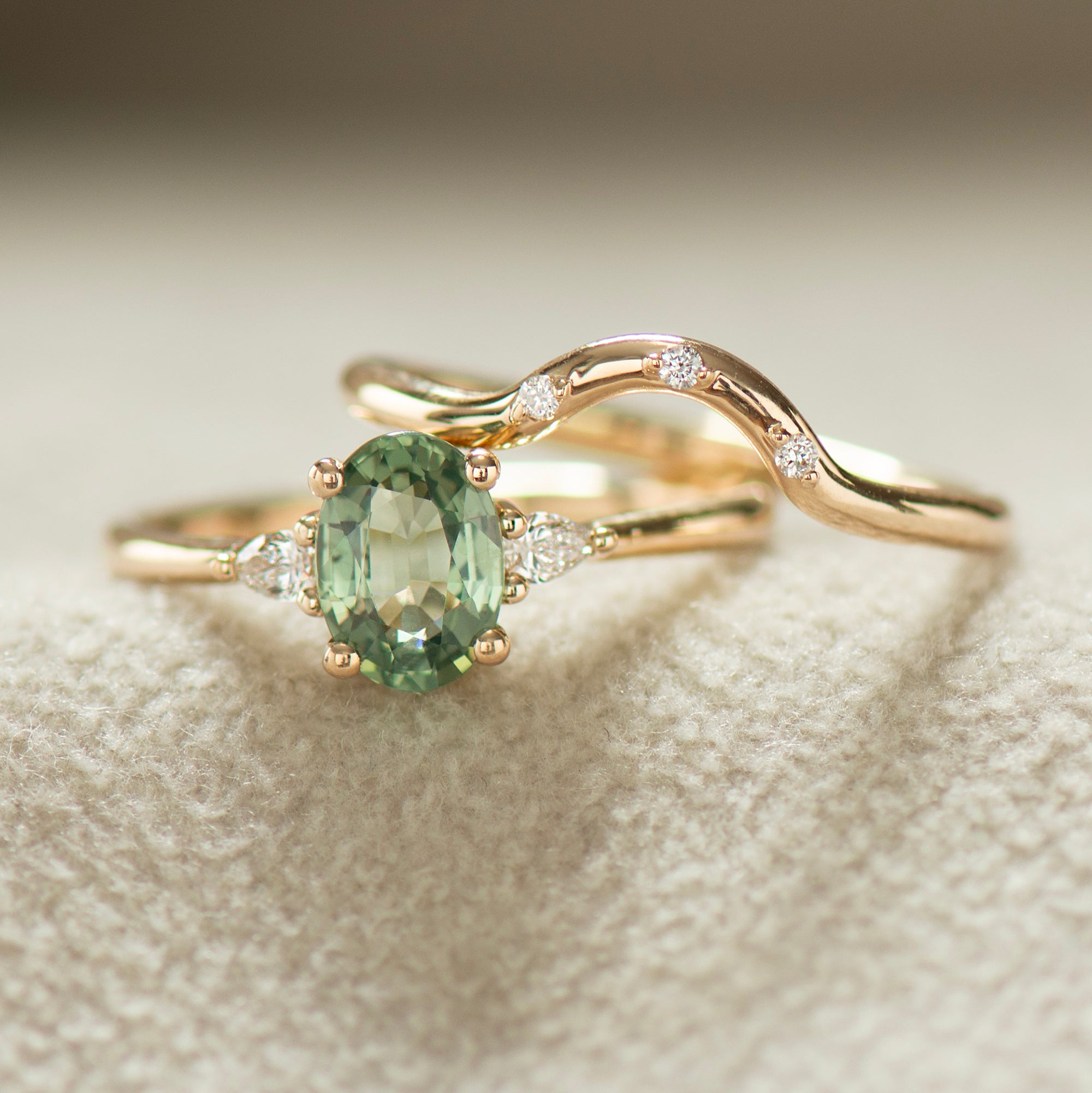 Curved Matching Three Diamonds Wedding Ring
