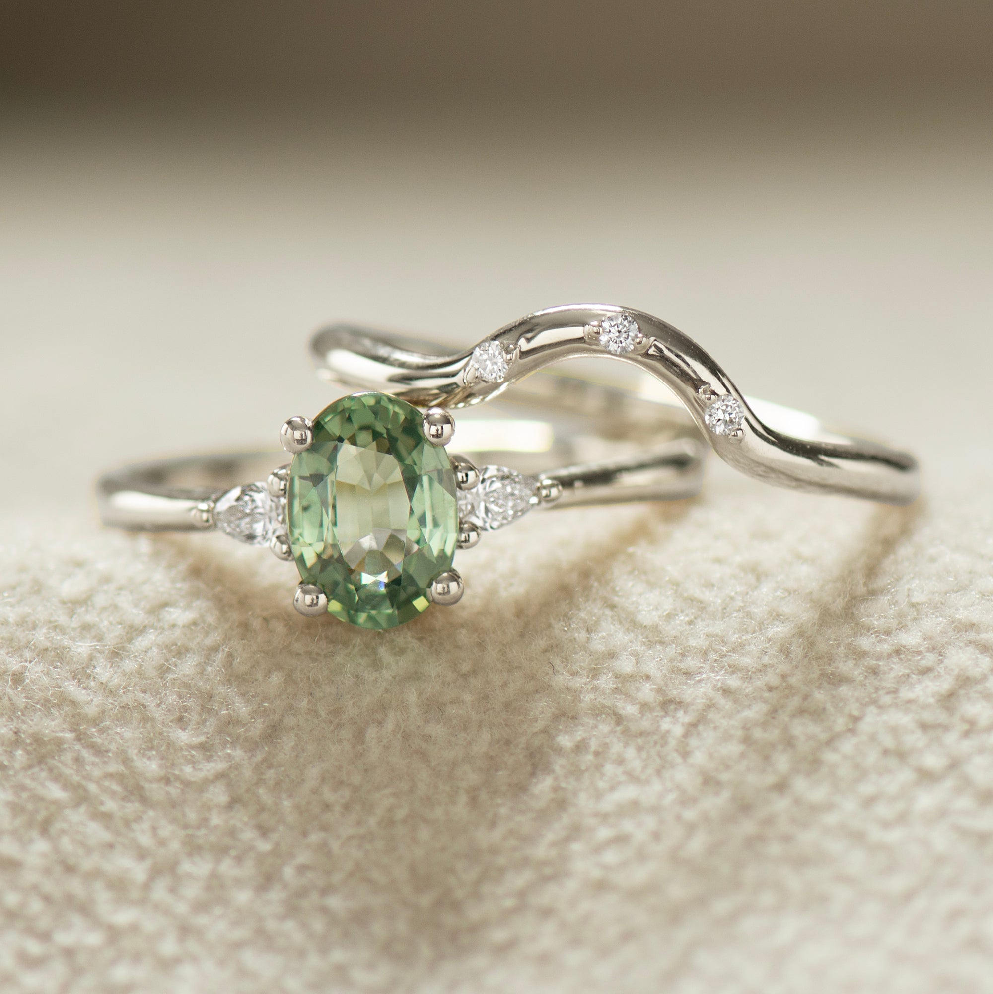 Curved Matching Three Diamonds Wedding Ring