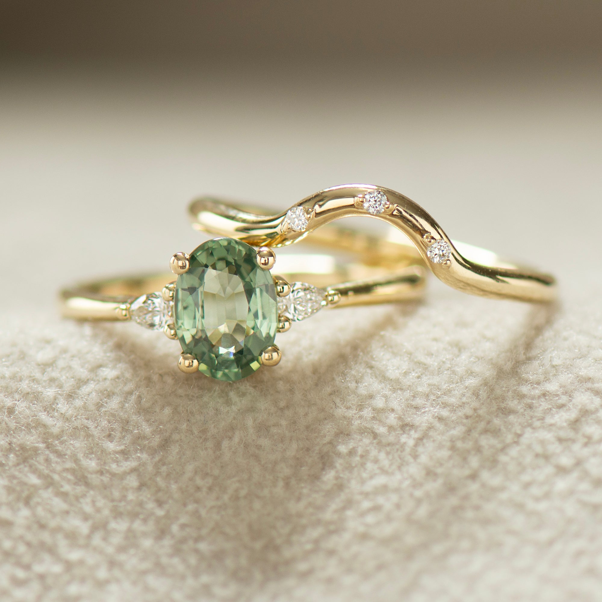 Curved Matching Three Diamonds Wedding Ring