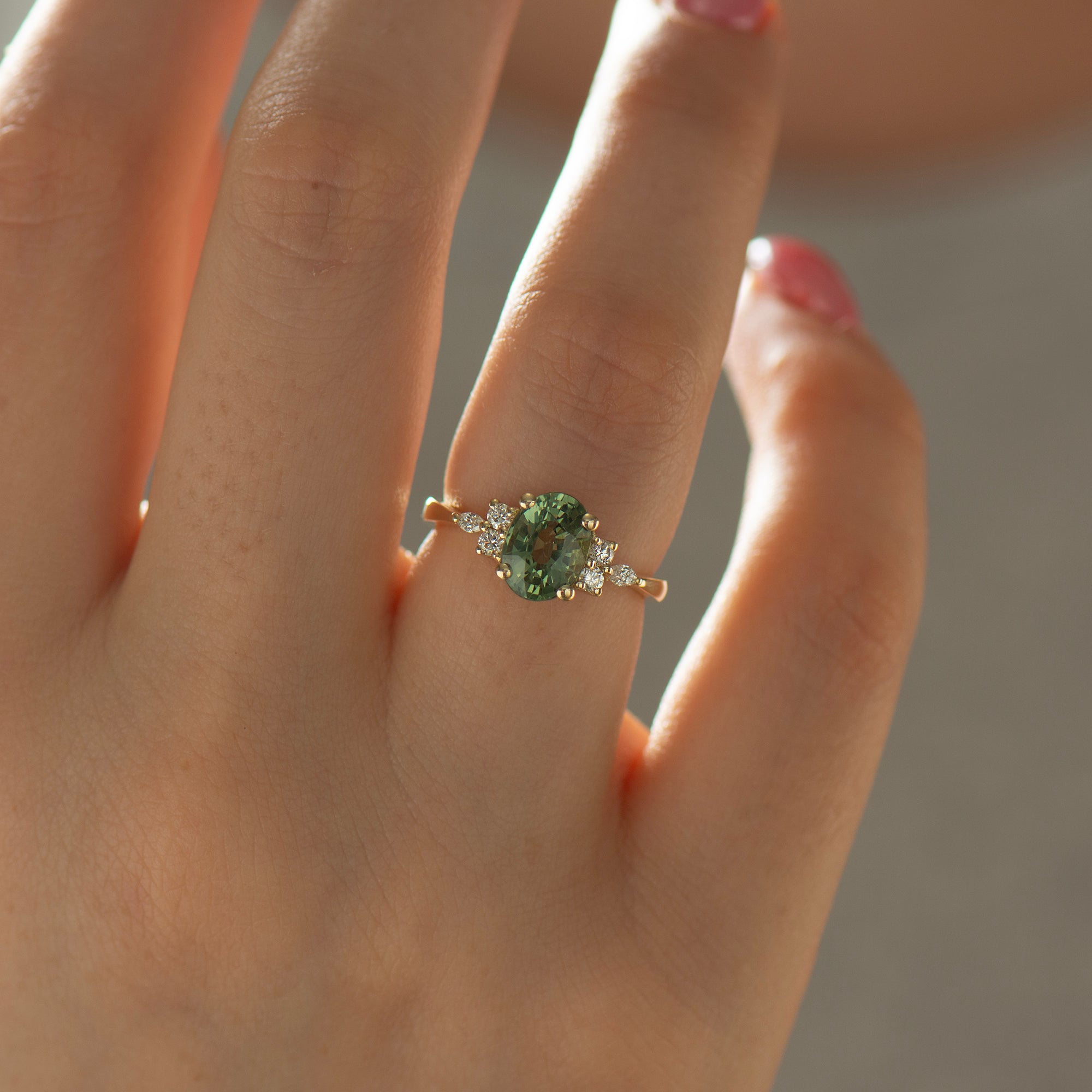 Large Lotus Green Sapphire Engagement Ring