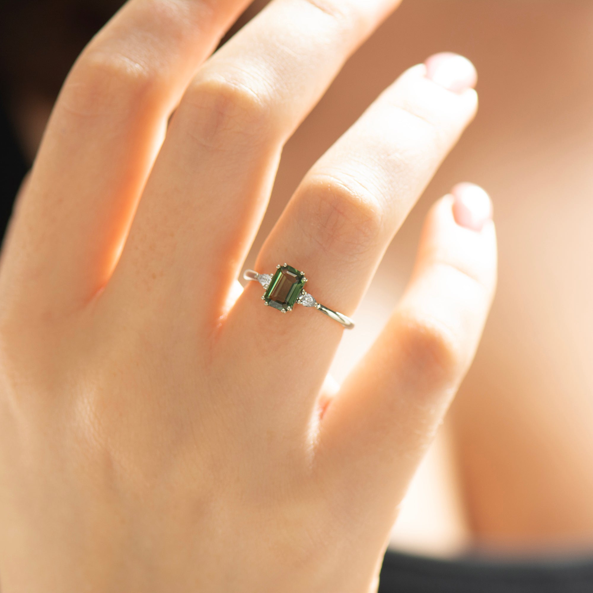 Double Prong Emerald Green Sapphire Ring