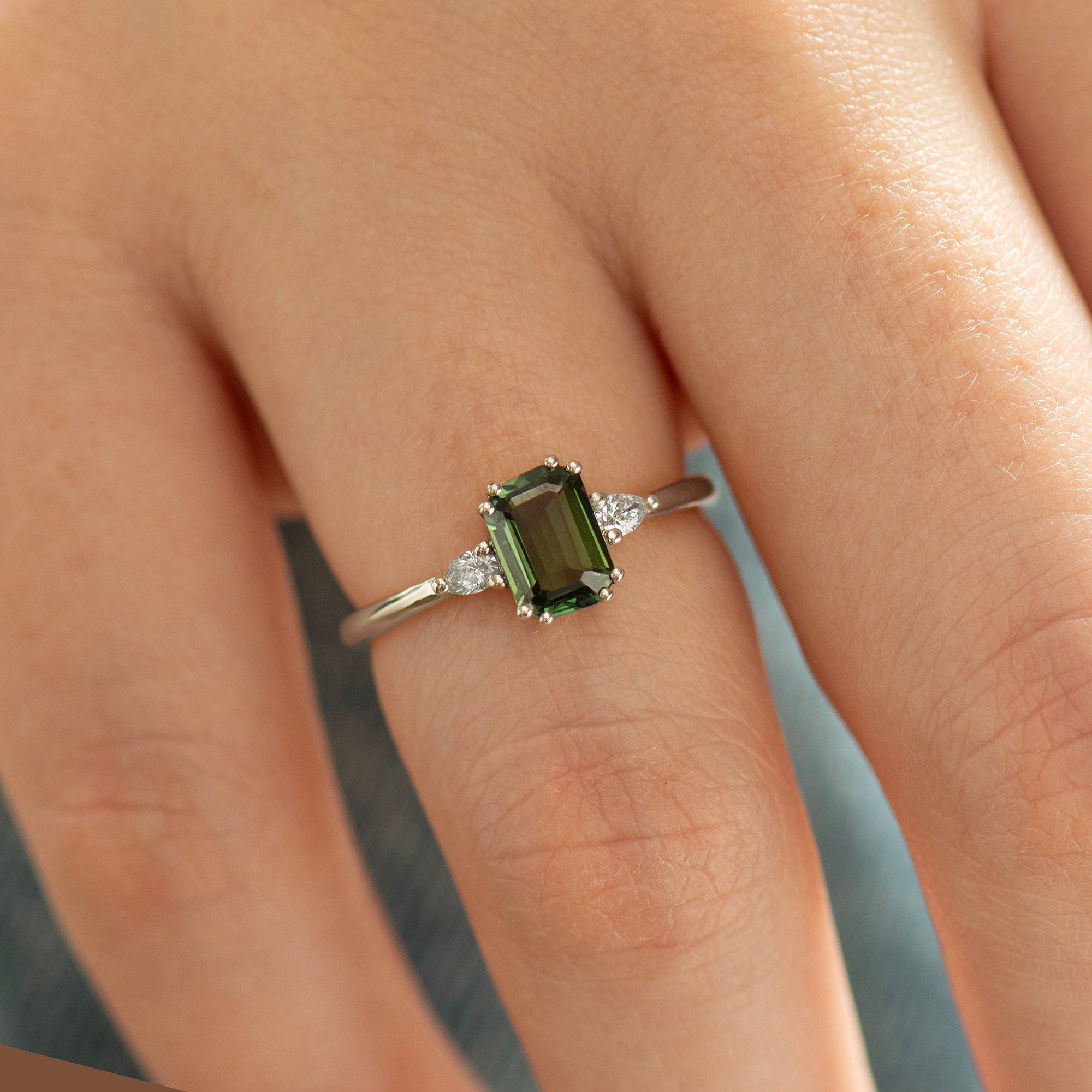 Double Prong Emerald Green Sapphire Ring