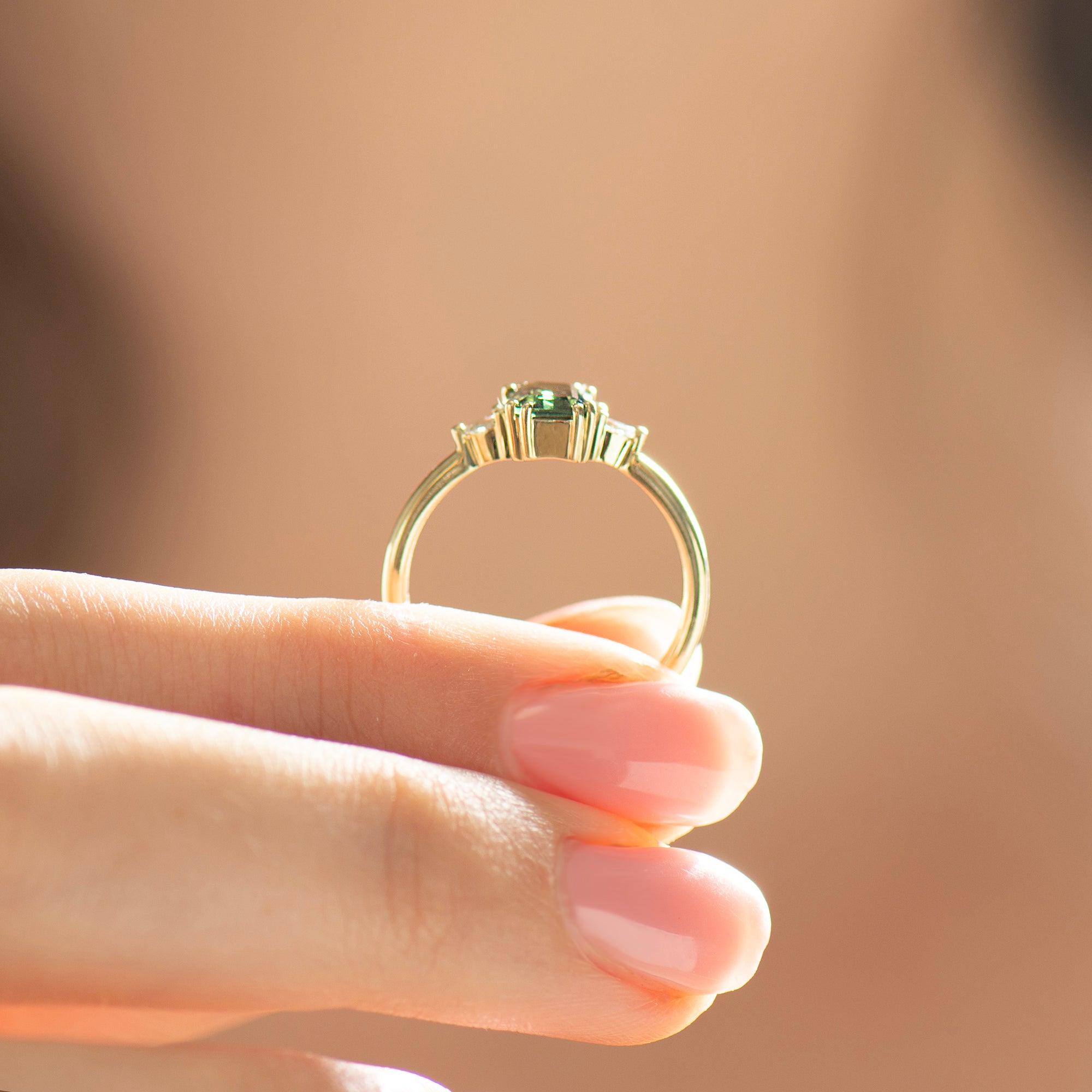 Double Prong Emerald Green Sapphire Ring
