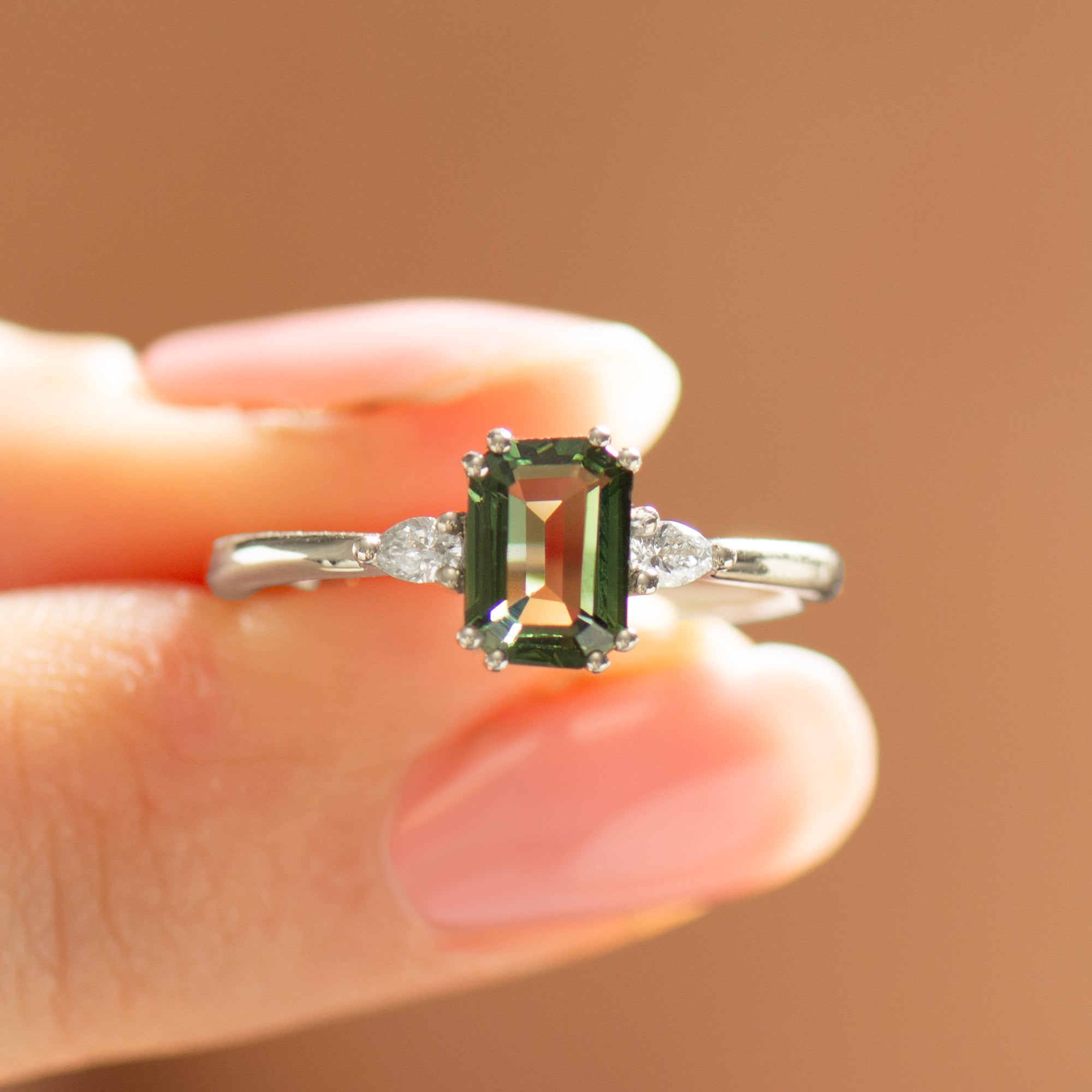 Double Prong Emerald Green Sapphire Ring