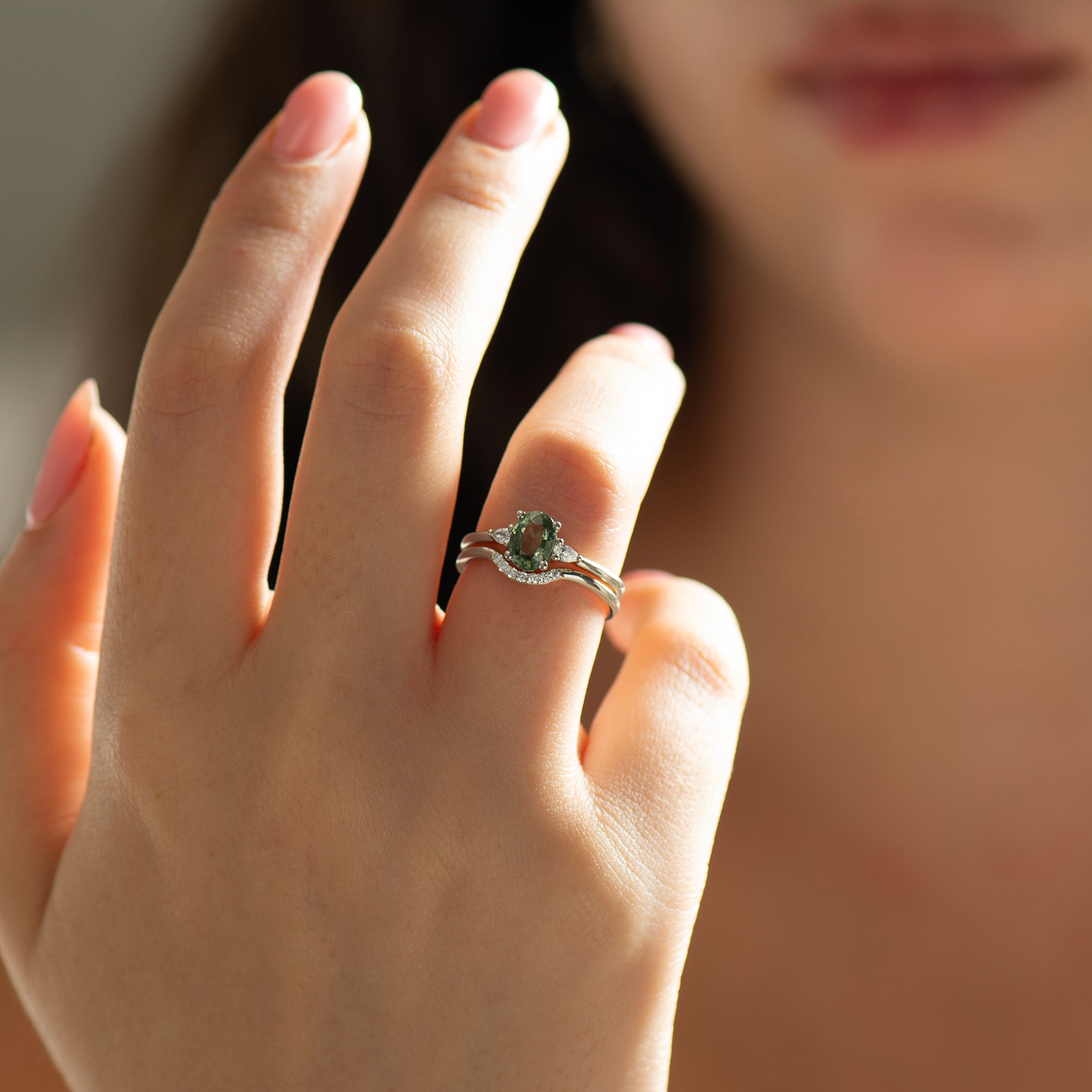 Curved Matching Seven Diamonds Wedding Ring