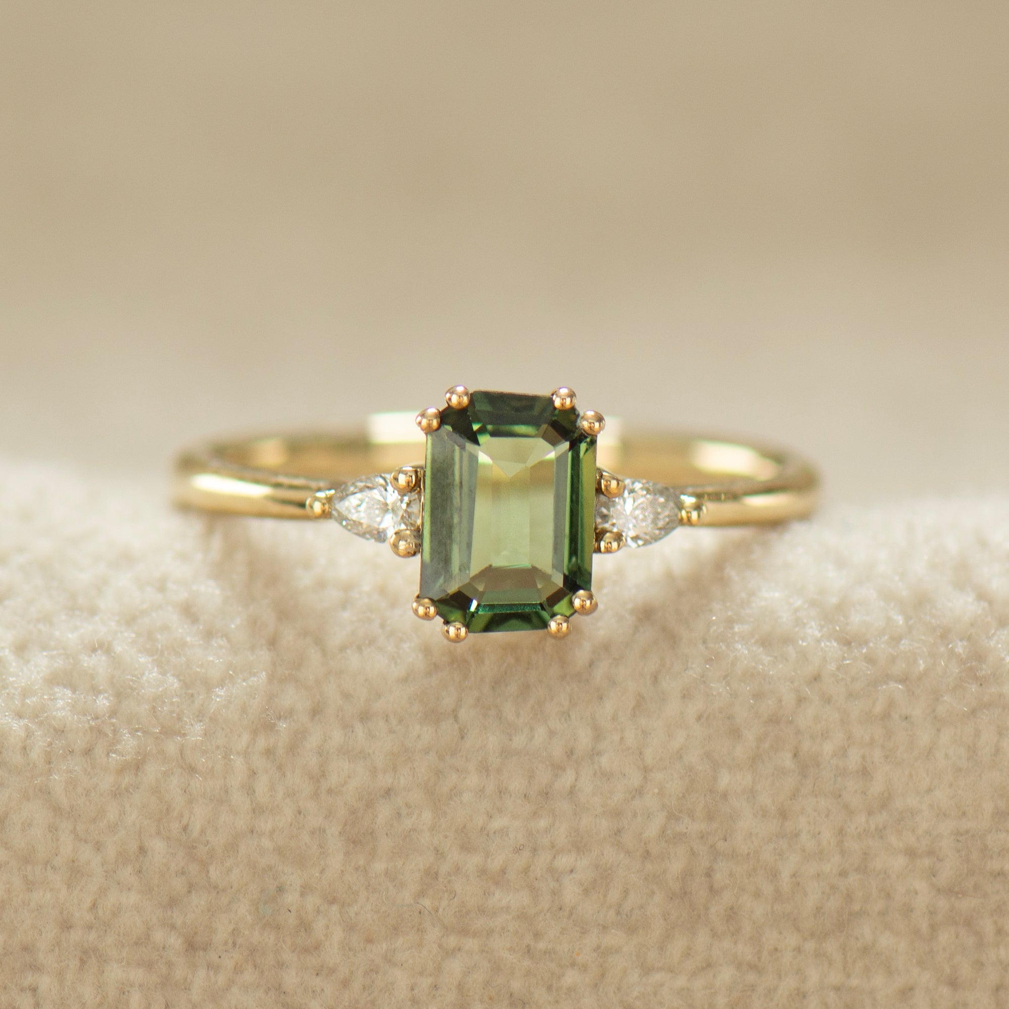 Double Prong Emerald Green Sapphire Ring