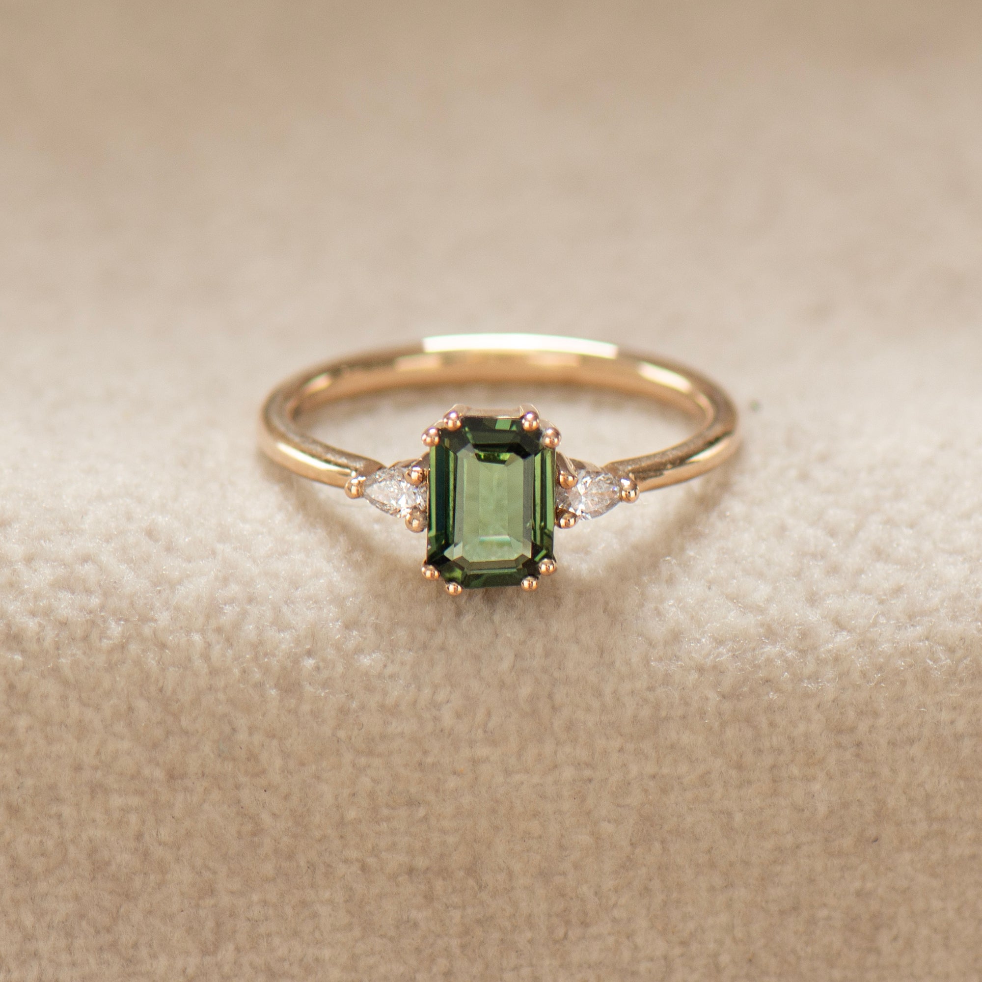 Double Prong Emerald Green Sapphire Ring