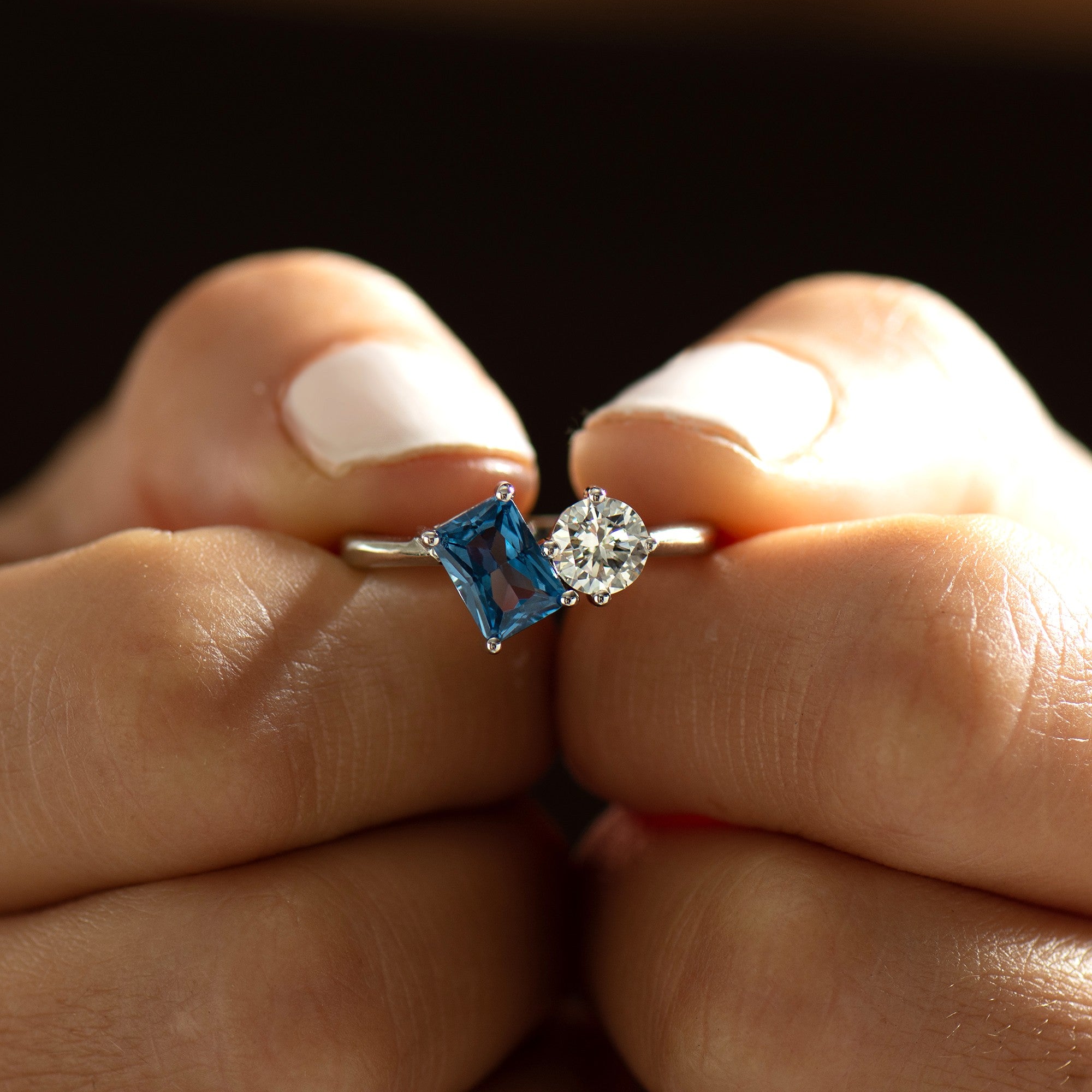 Toi Et Moi Diamond and Blue Topaz Ring