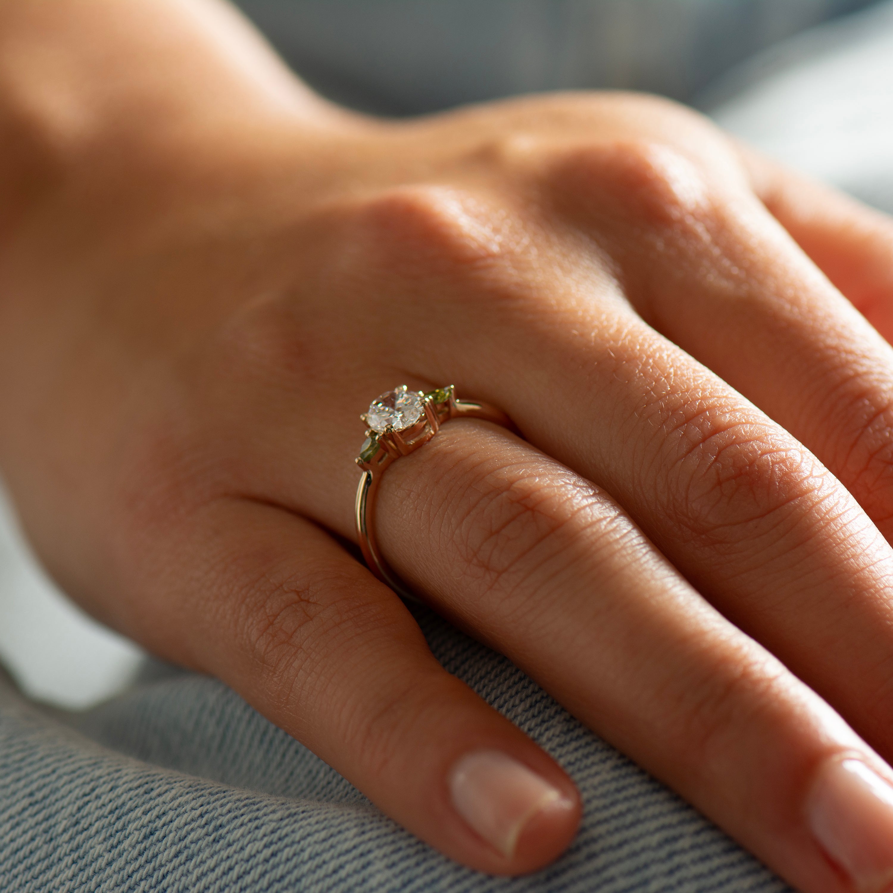 Oval Diamond And Green Sapphire Ring