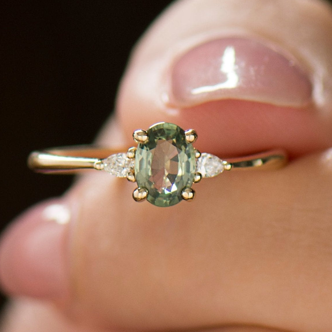 Green Sapphire Engagement Ring - Oval