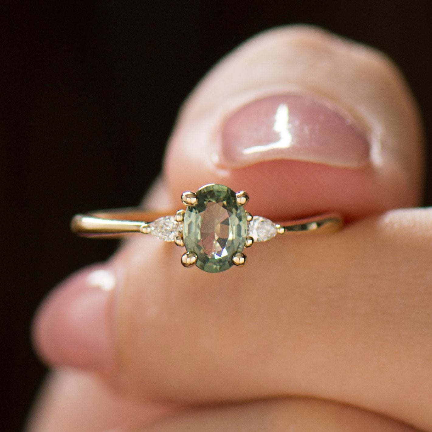 Green Sapphire Engagement Ring - Oval