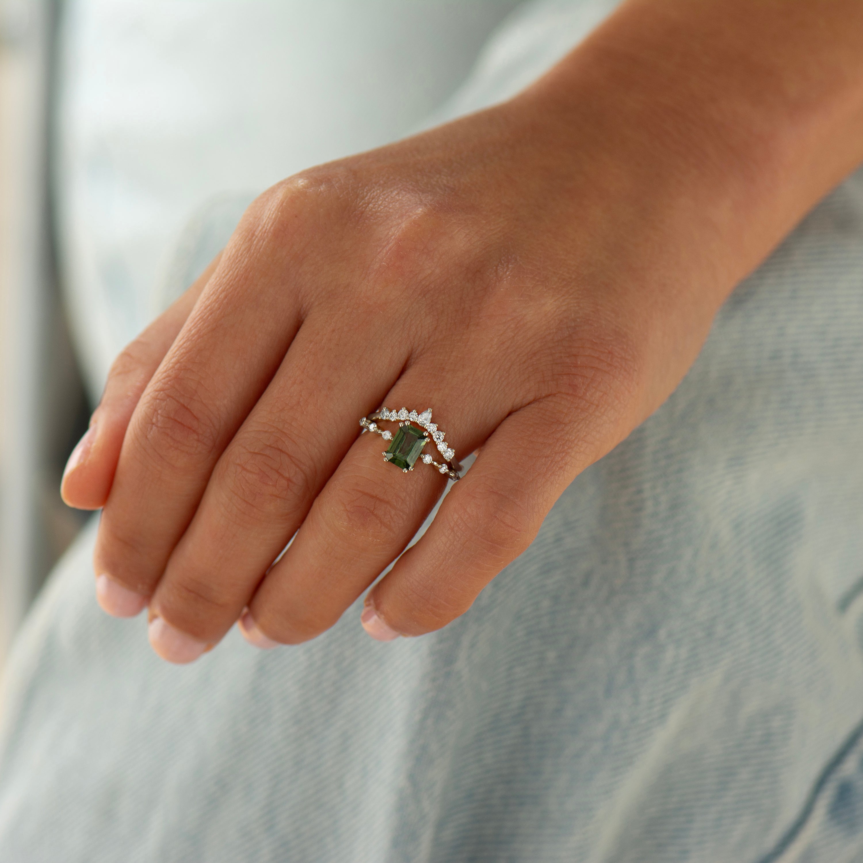 Emerald Cut, Green Sapphire Rings Set