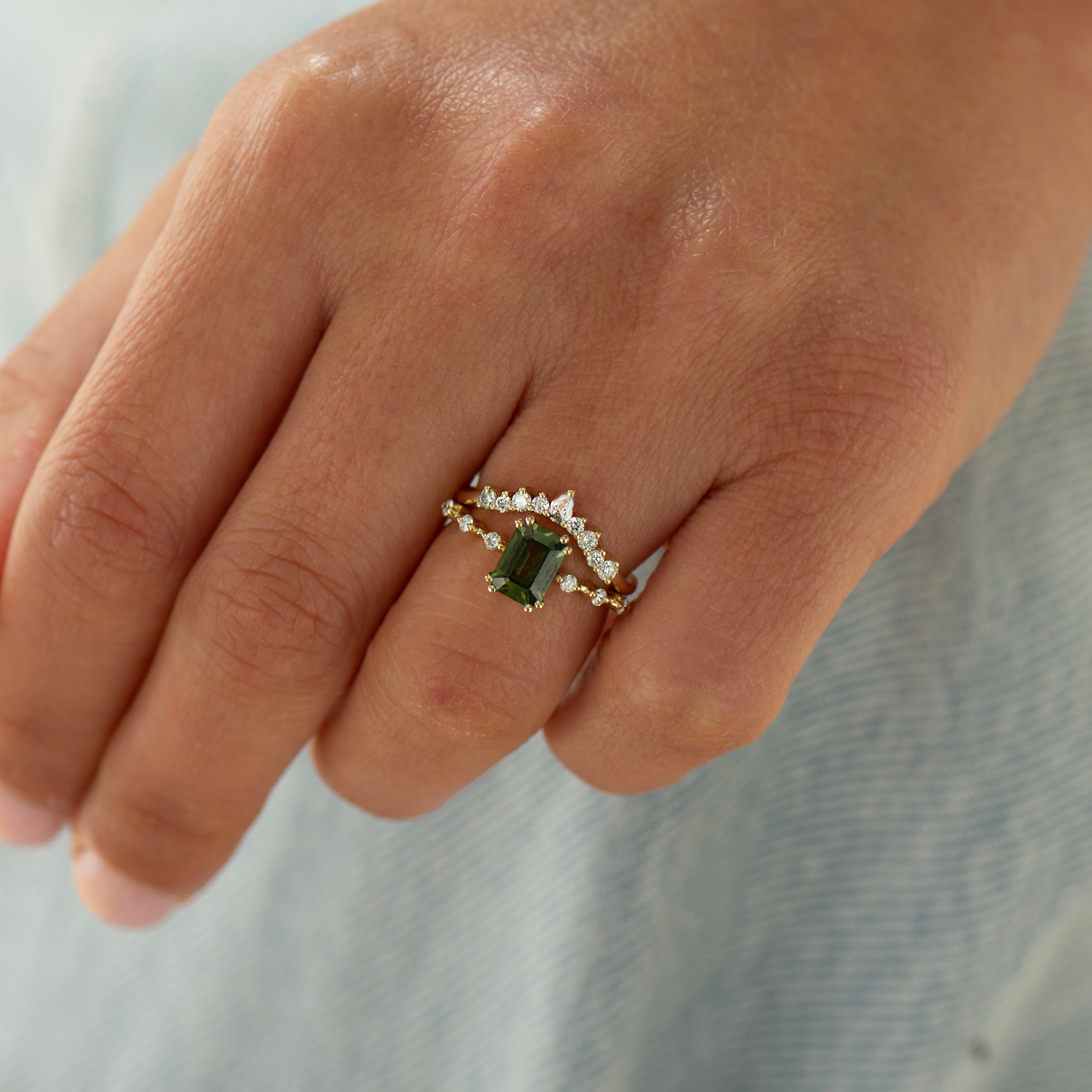 Emerald Cut, Green Sapphire Rings Set