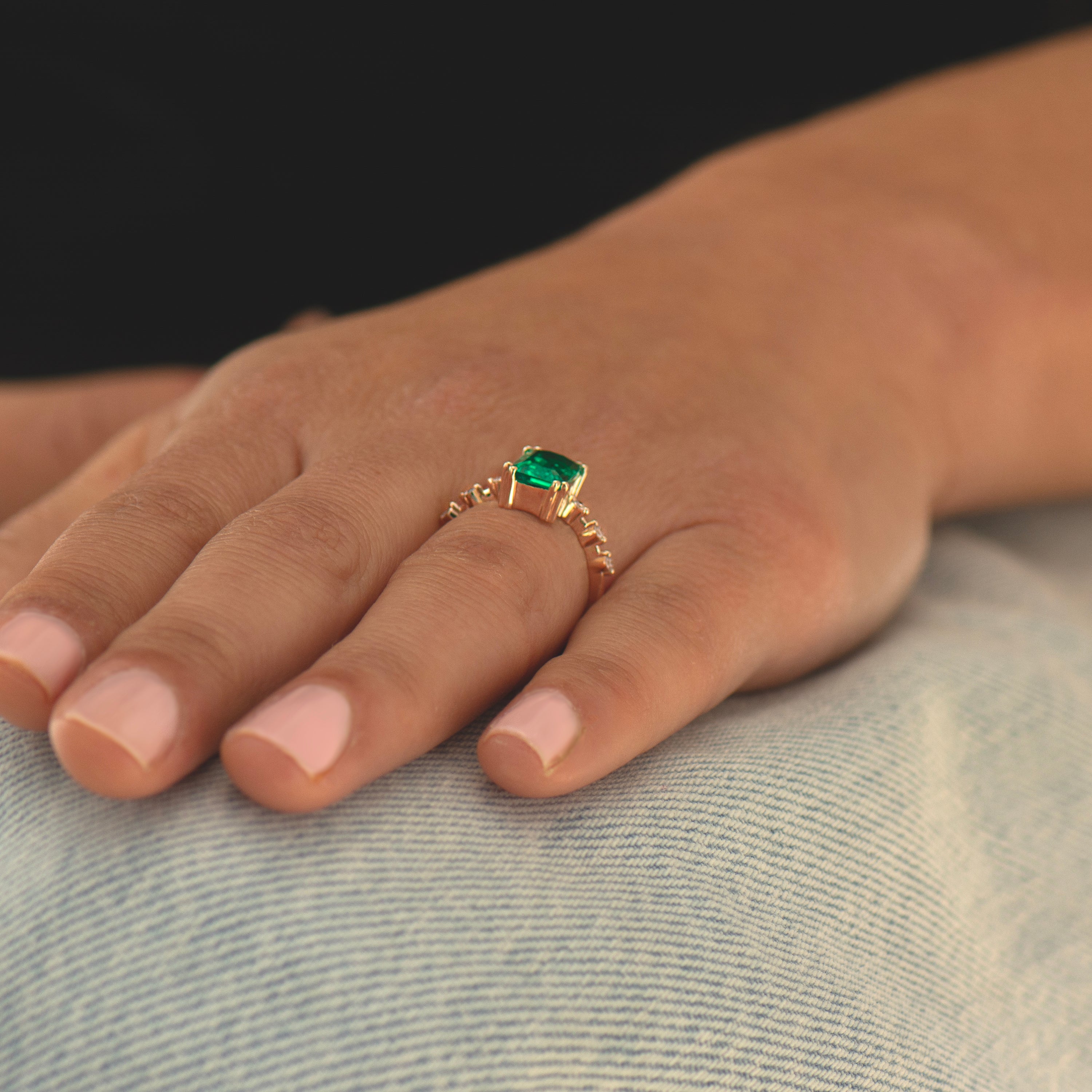 Elongated Lab Emerald Engagement Ring