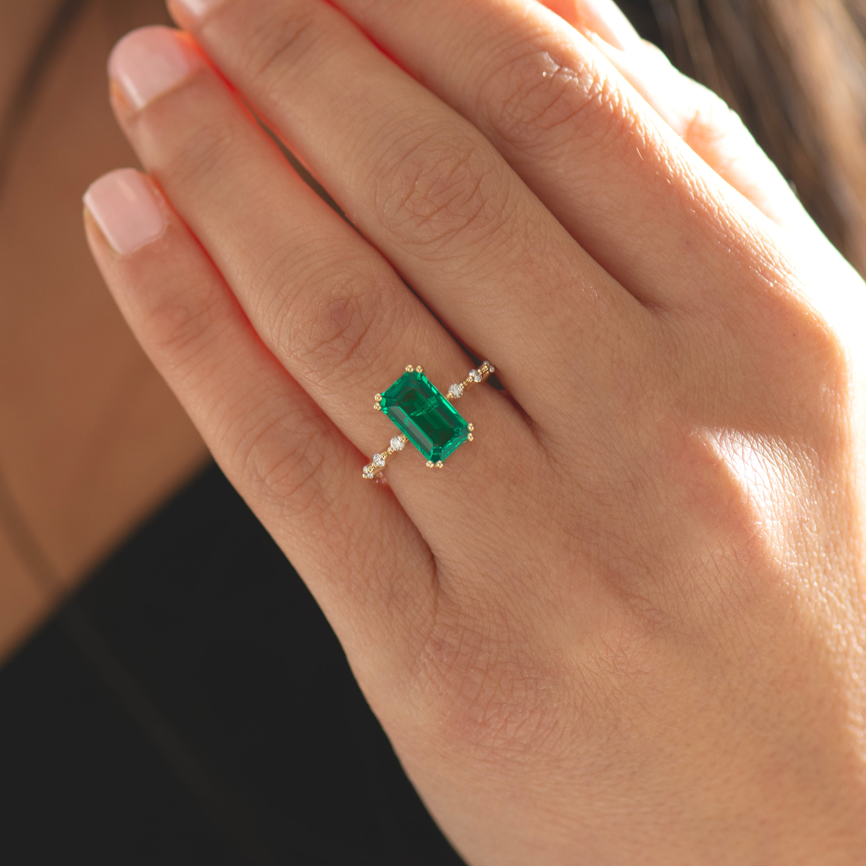 Elongated Lab Emerald Engagement Ring