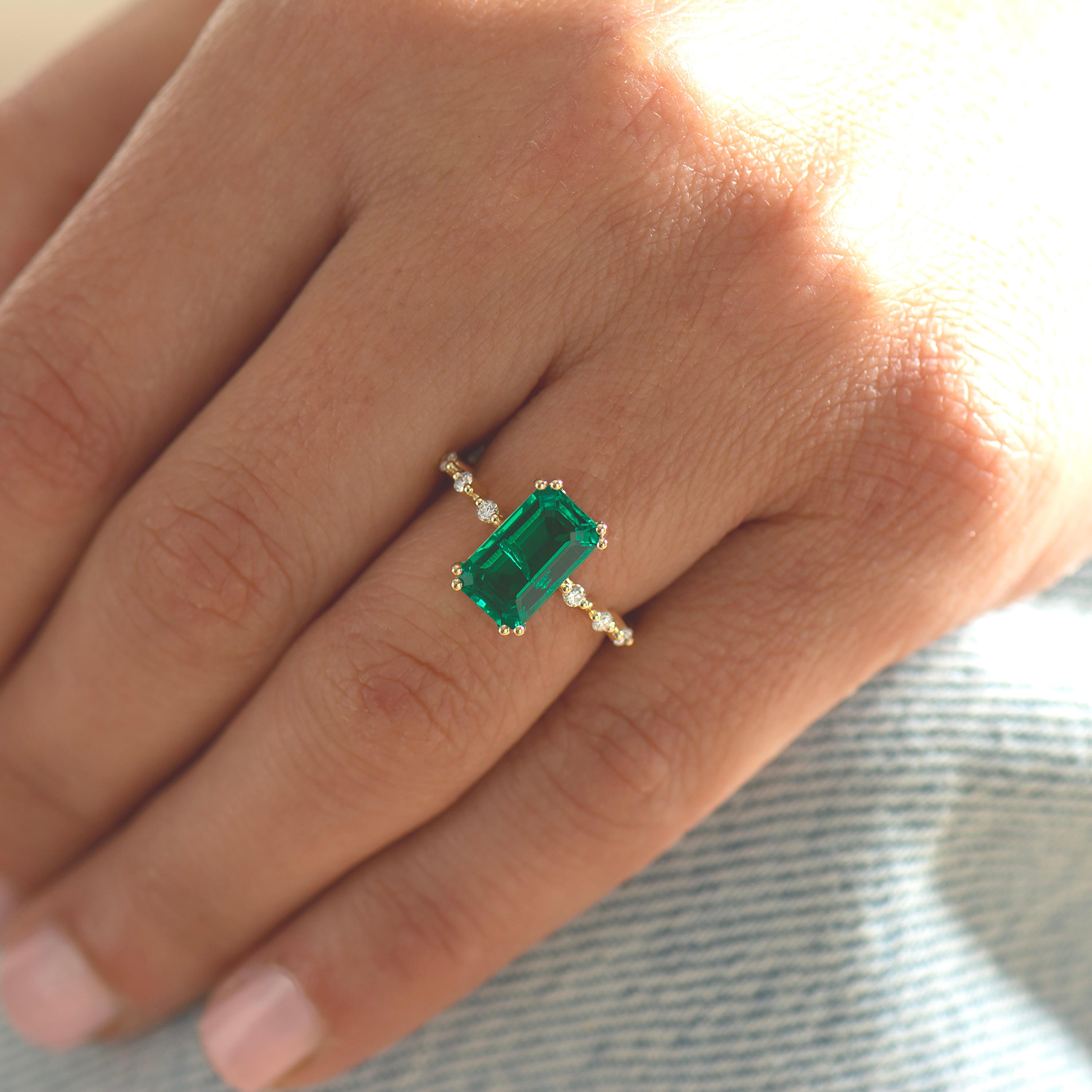 Elongated Lab Emerald Engagement Ring