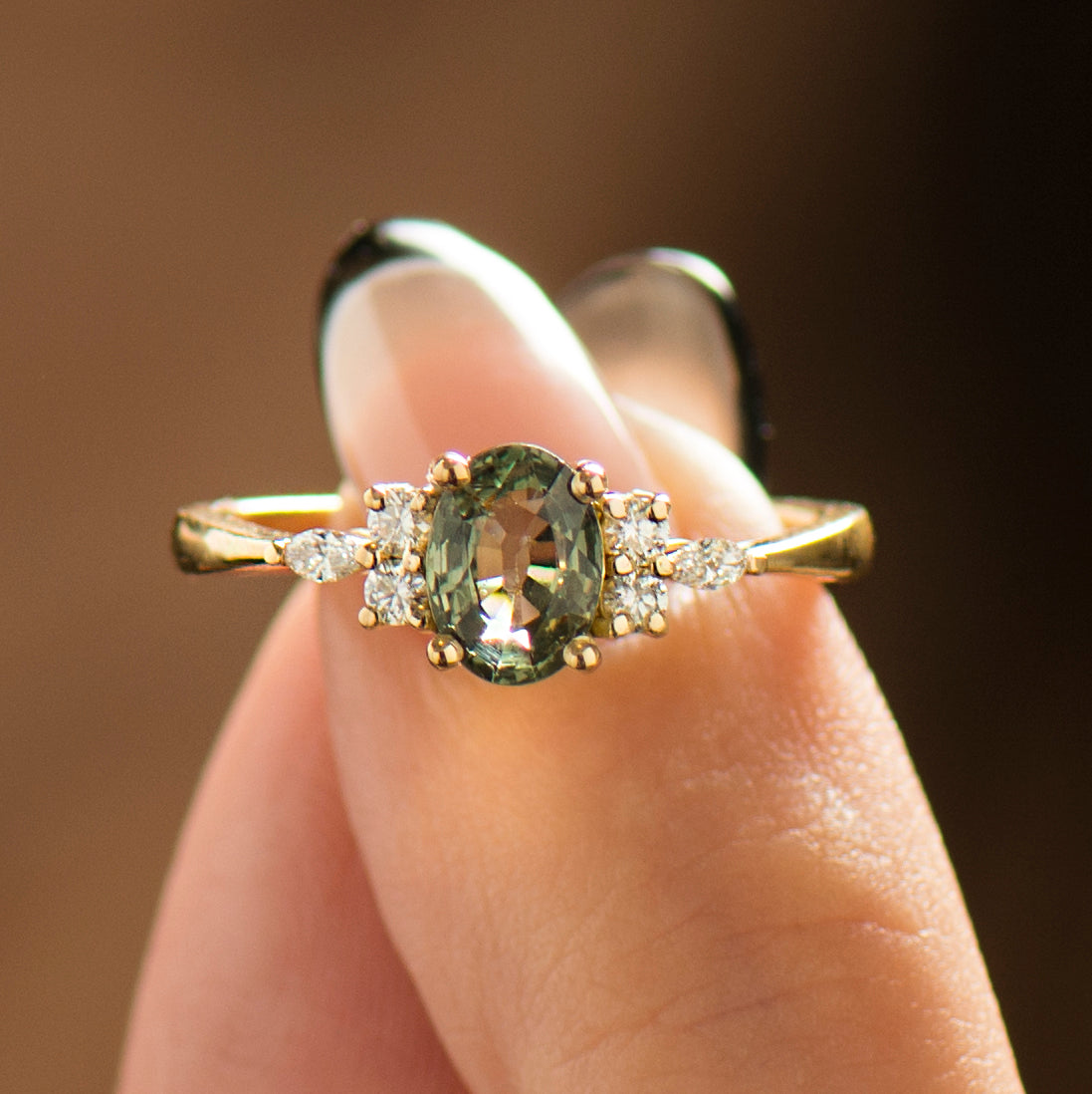 Cluster Green Sapphire Engagement Ring