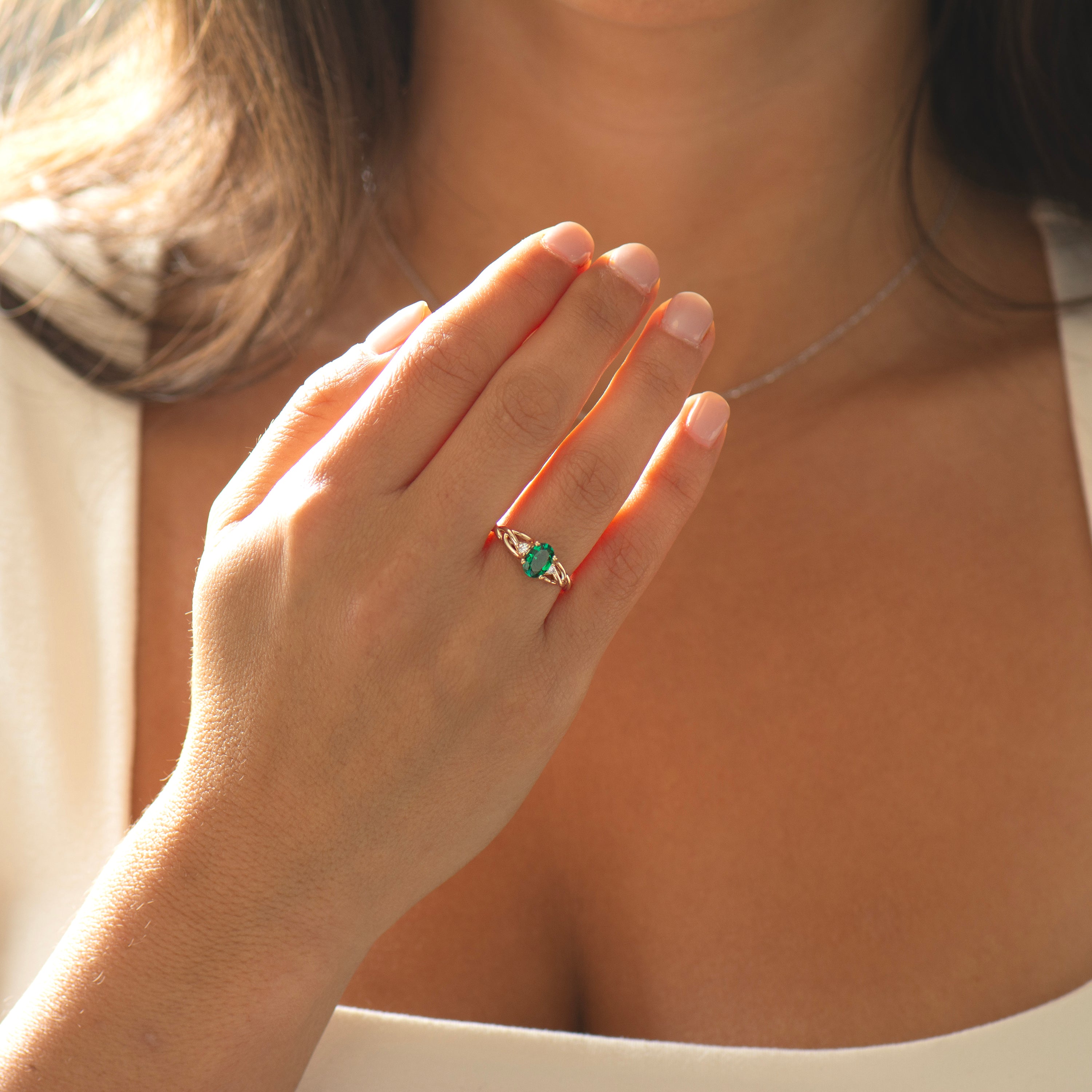 Celtic Three Stone Lab Emerald Ring