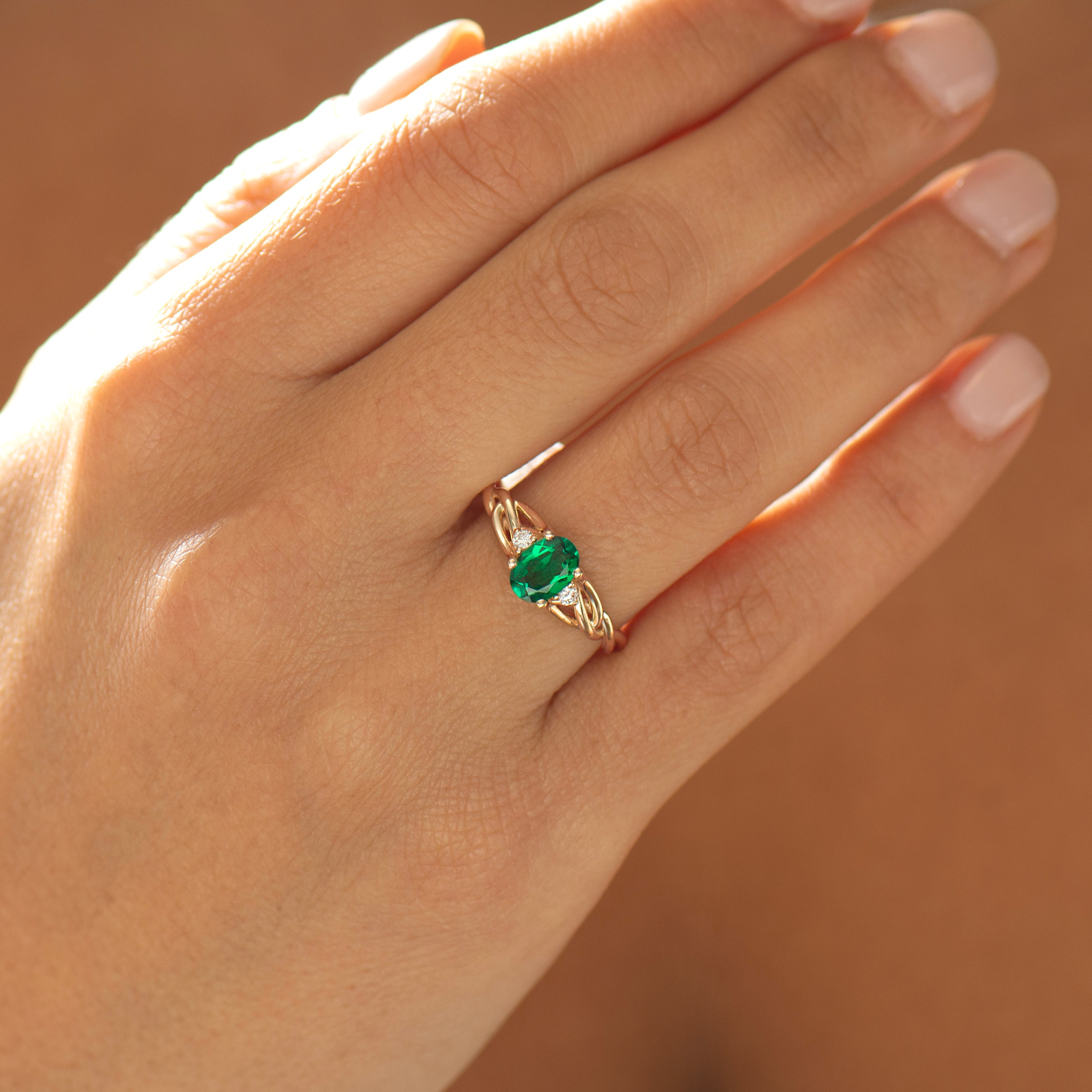 Celtic Three Stone Lab Emerald Ring