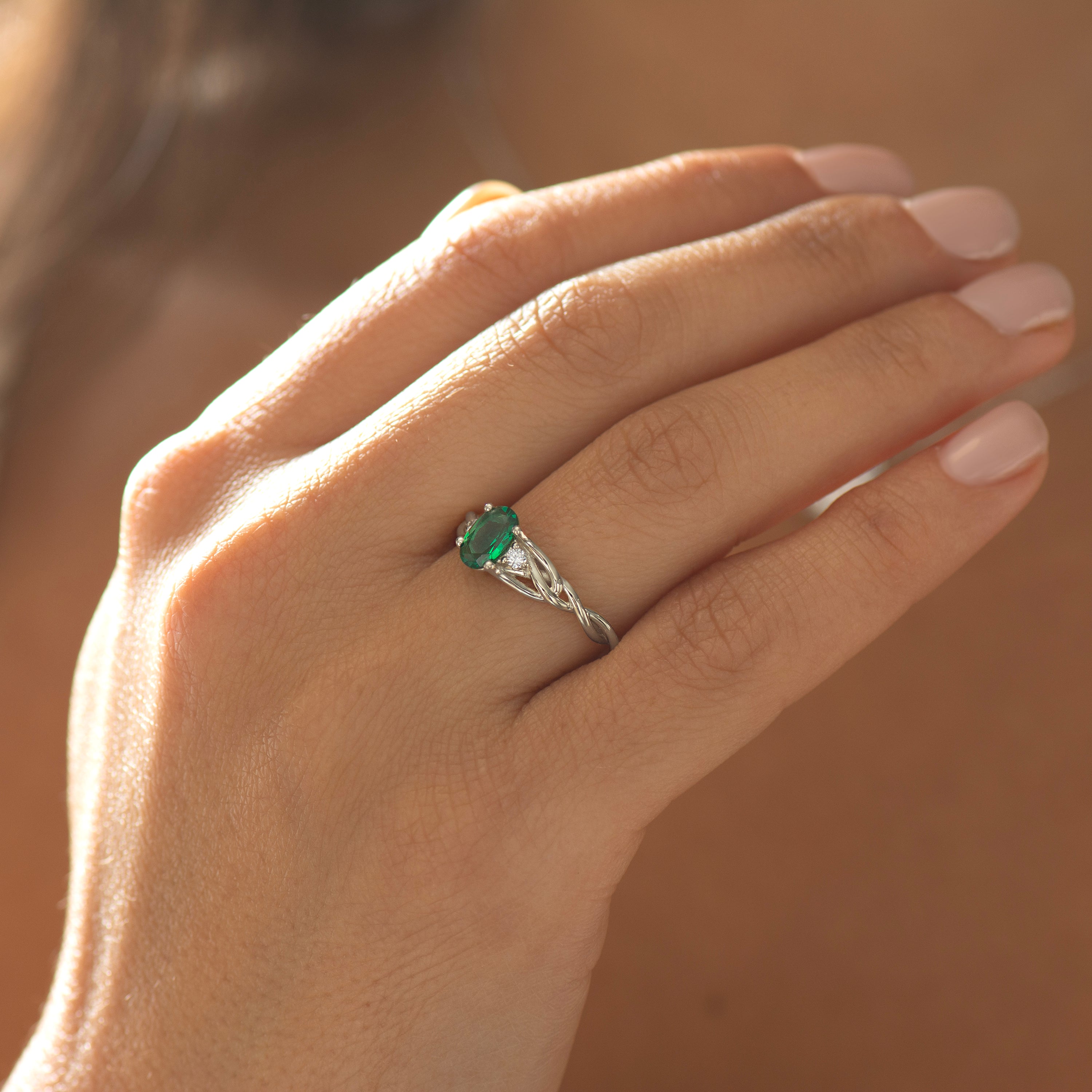 Celtic Three Stone Lab Emerald Ring