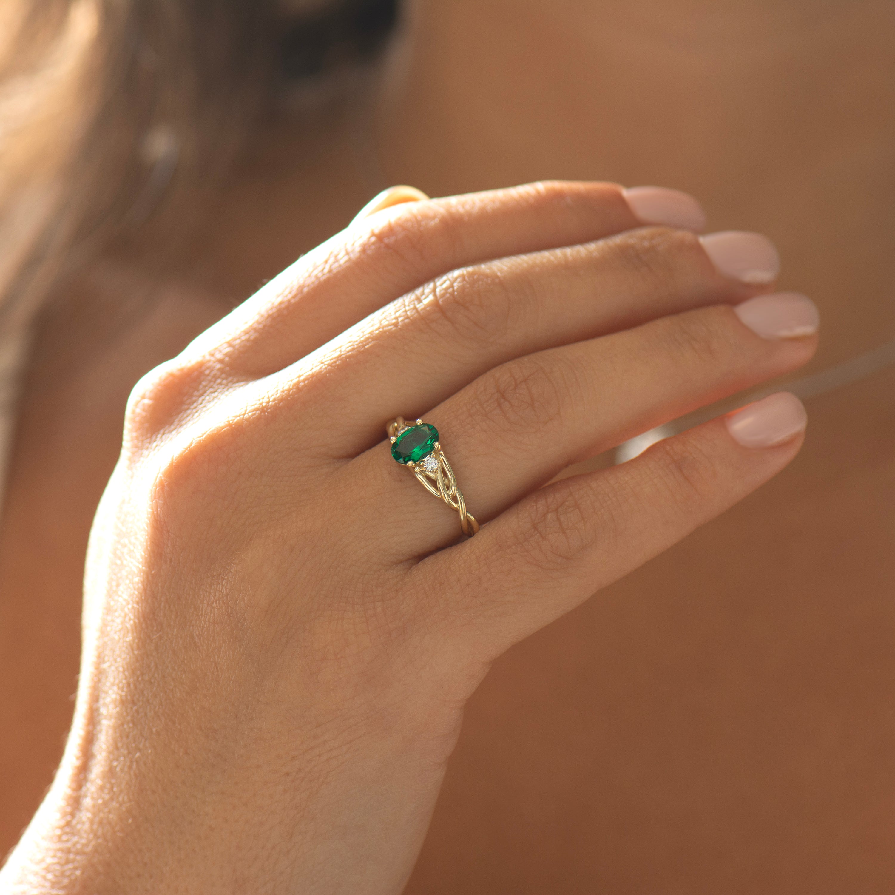 Celtic Three Stone Lab Emerald Ring