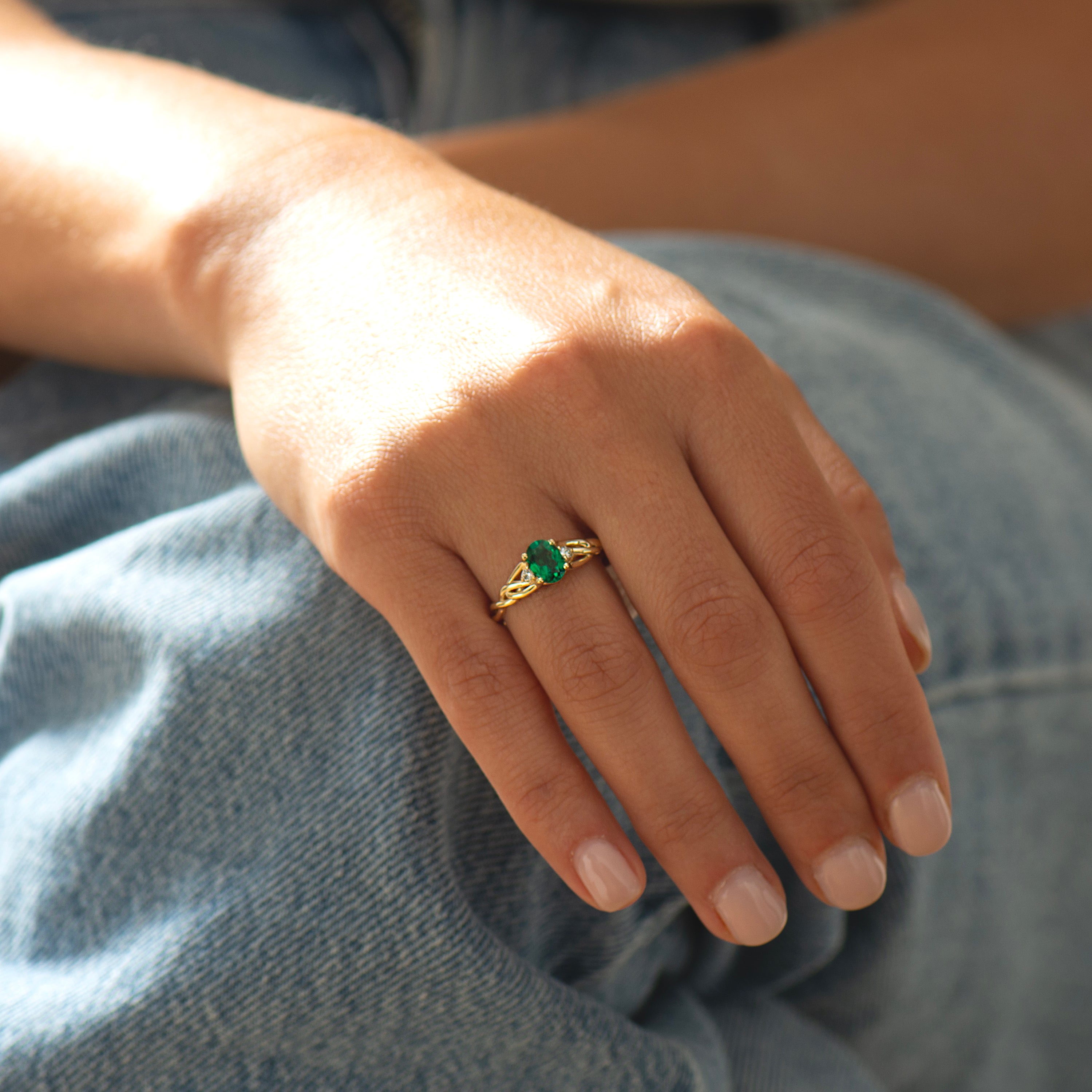 Celtic Three Stone Lab Emerald Ring
