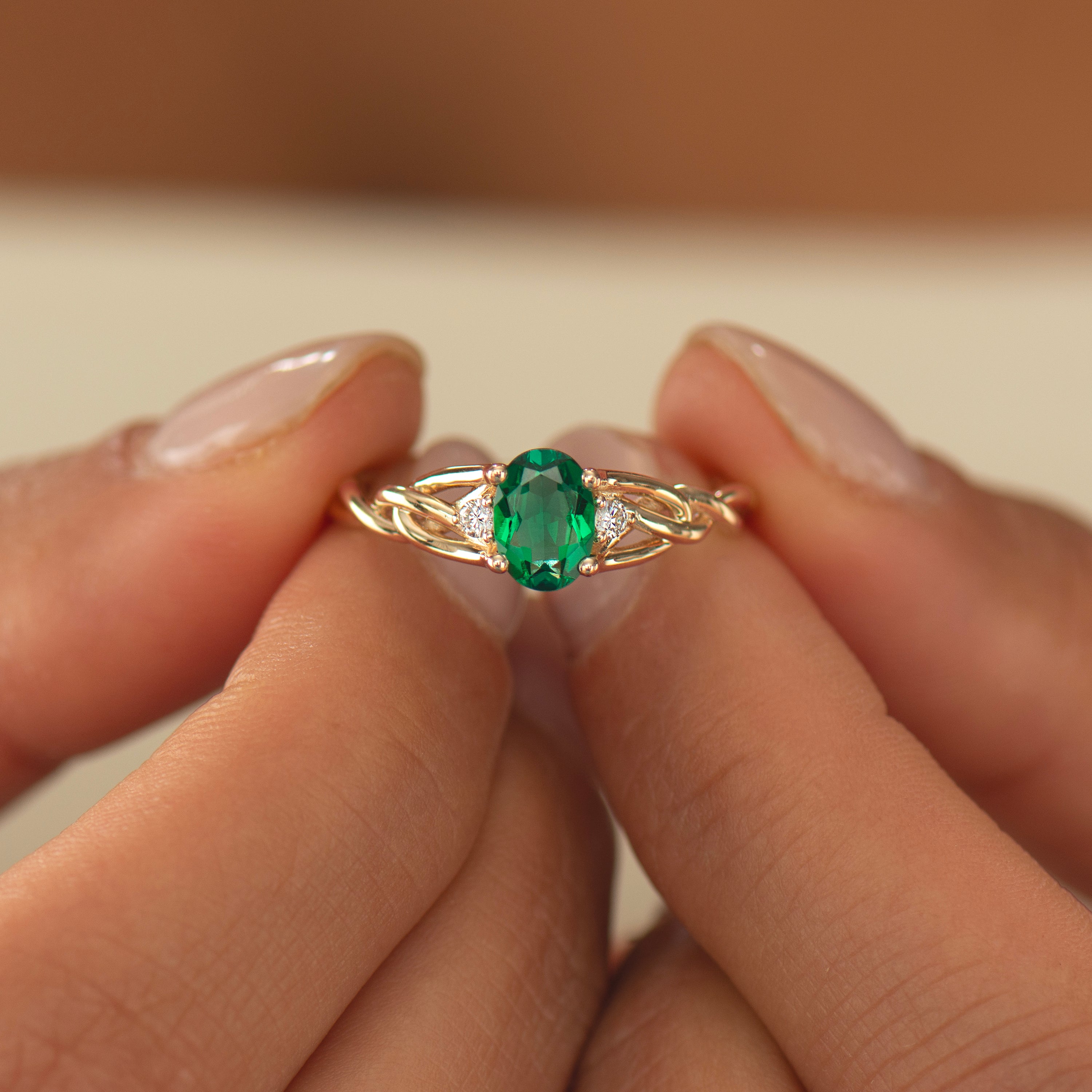 Celtic Three Stone Lab Emerald Ring