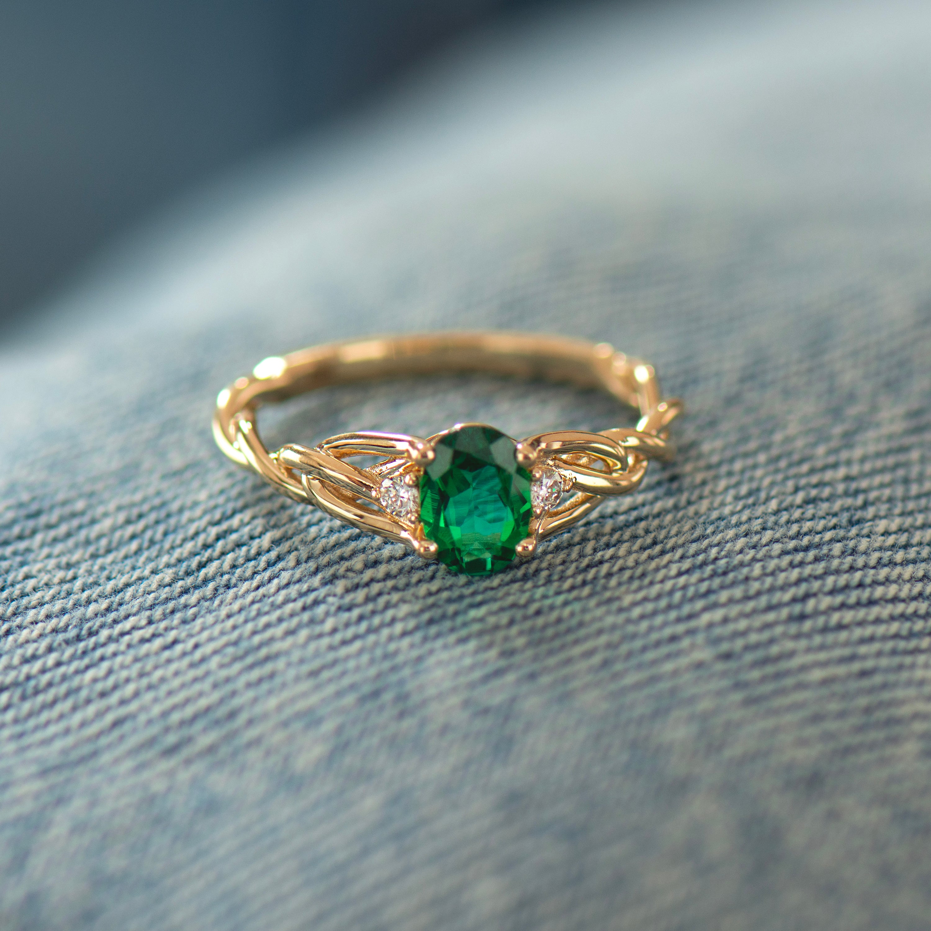 Celtic Three Stone Lab Emerald Ring