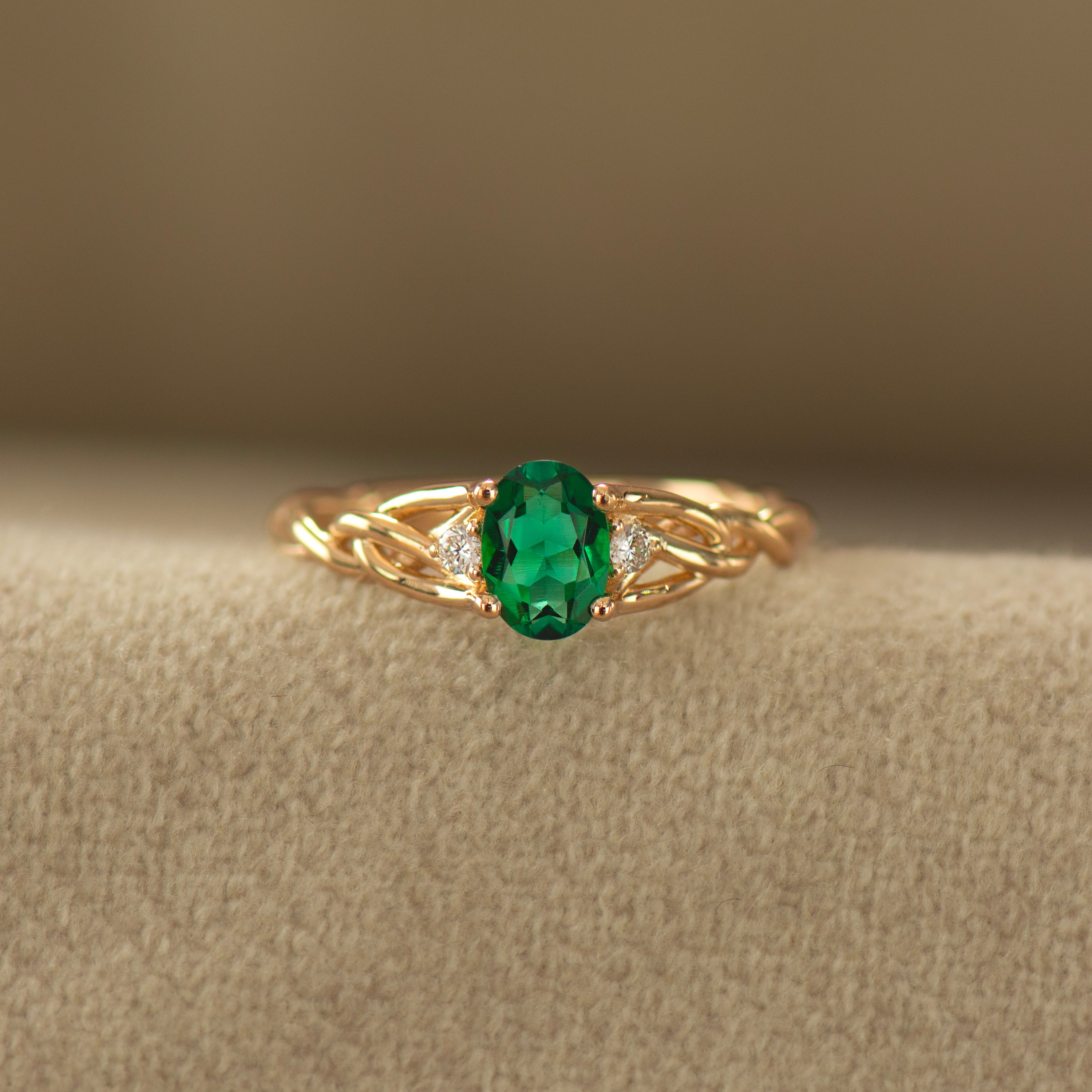Celtic Three Stone Lab Emerald Ring