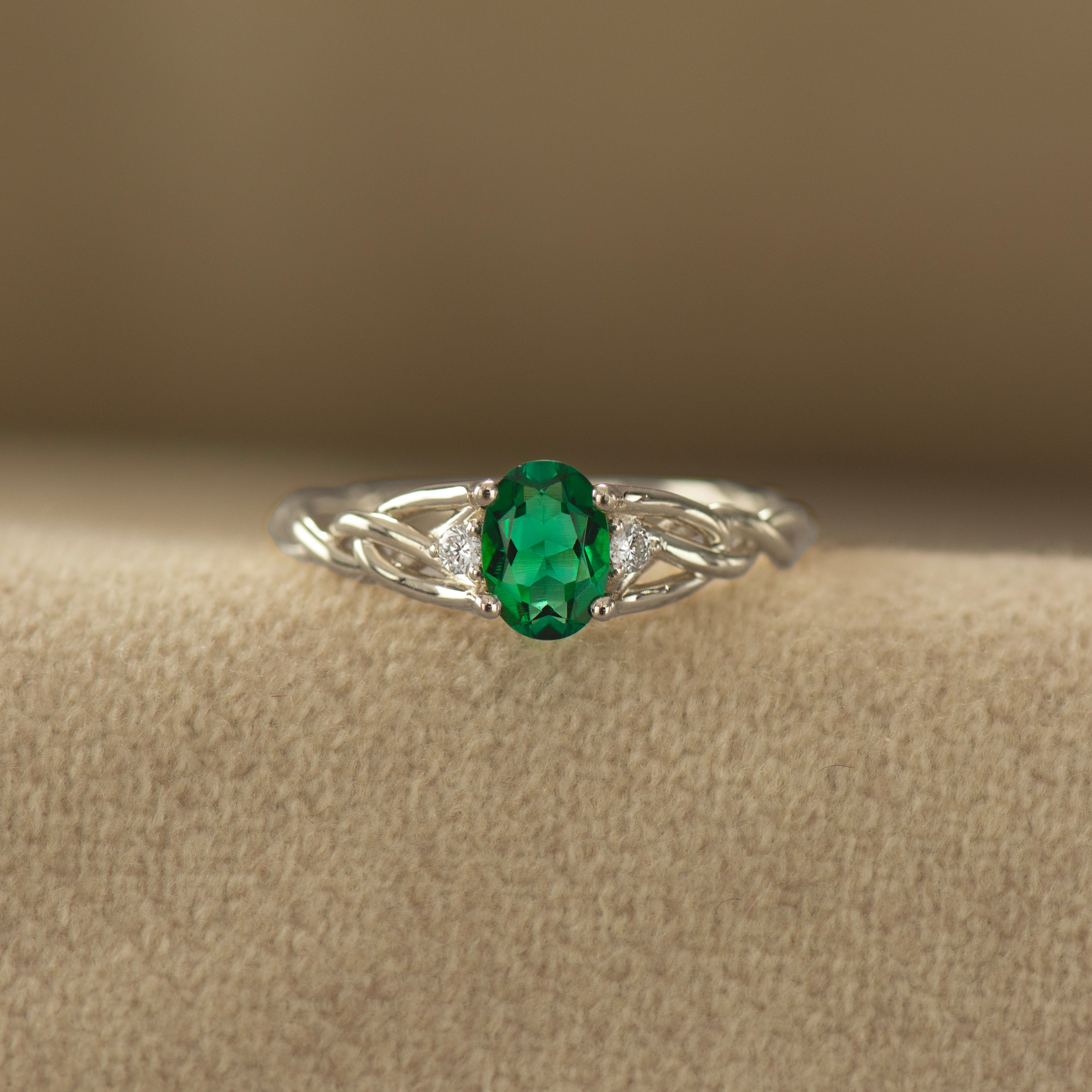 Celtic Three Stone Lab Emerald Ring