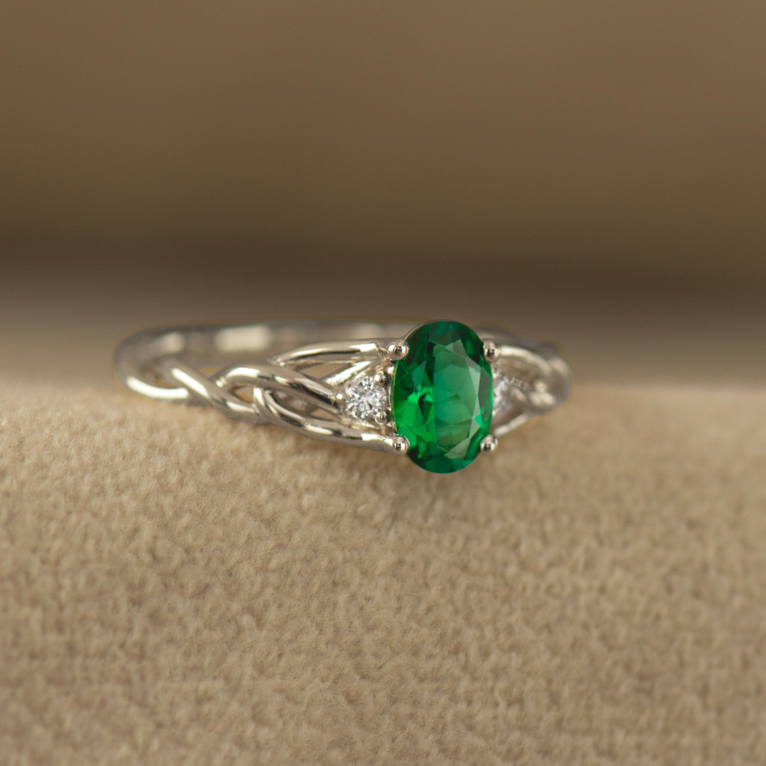 Celtic Three Stone Lab Emerald Ring