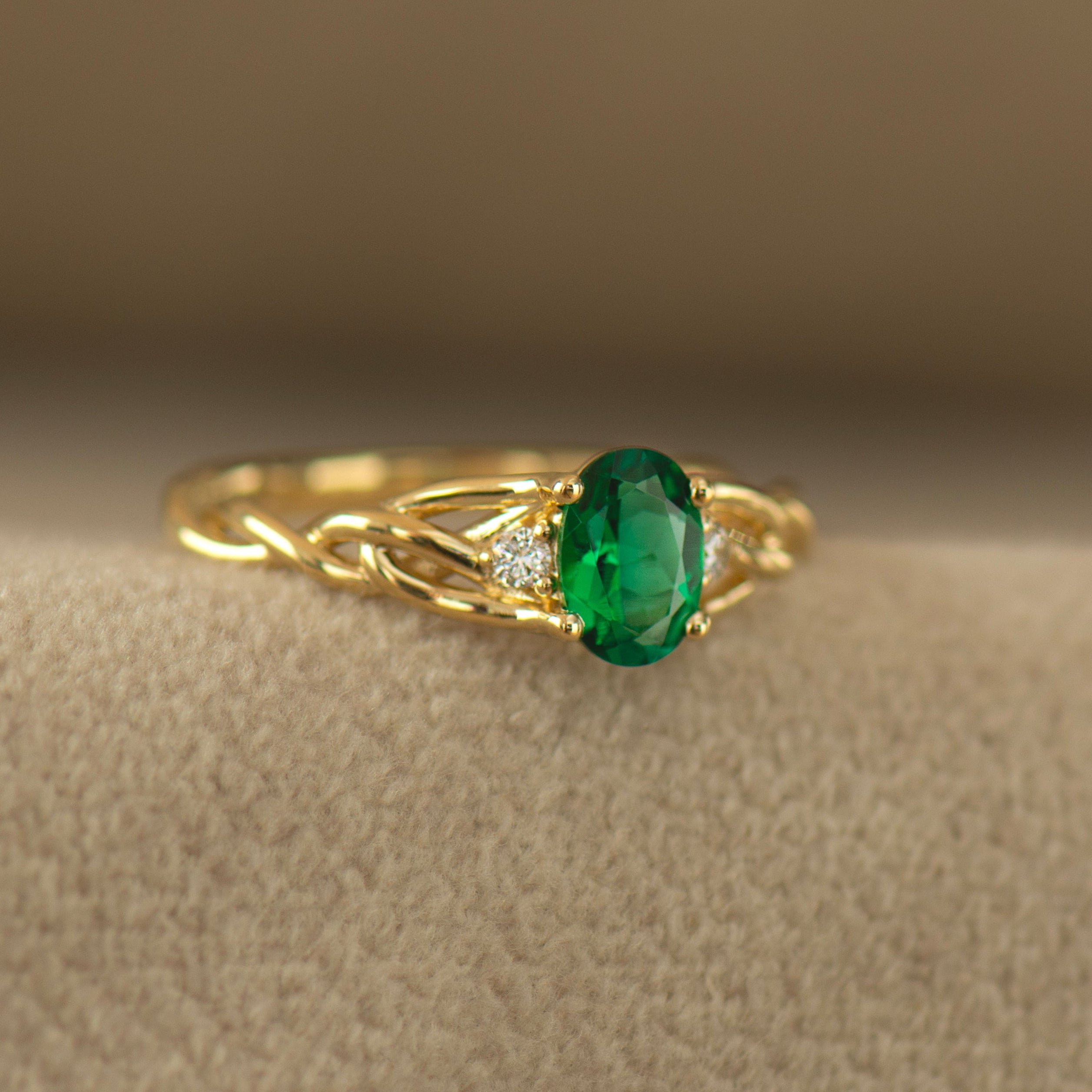 Celtic Three Stone Lab Emerald Ring