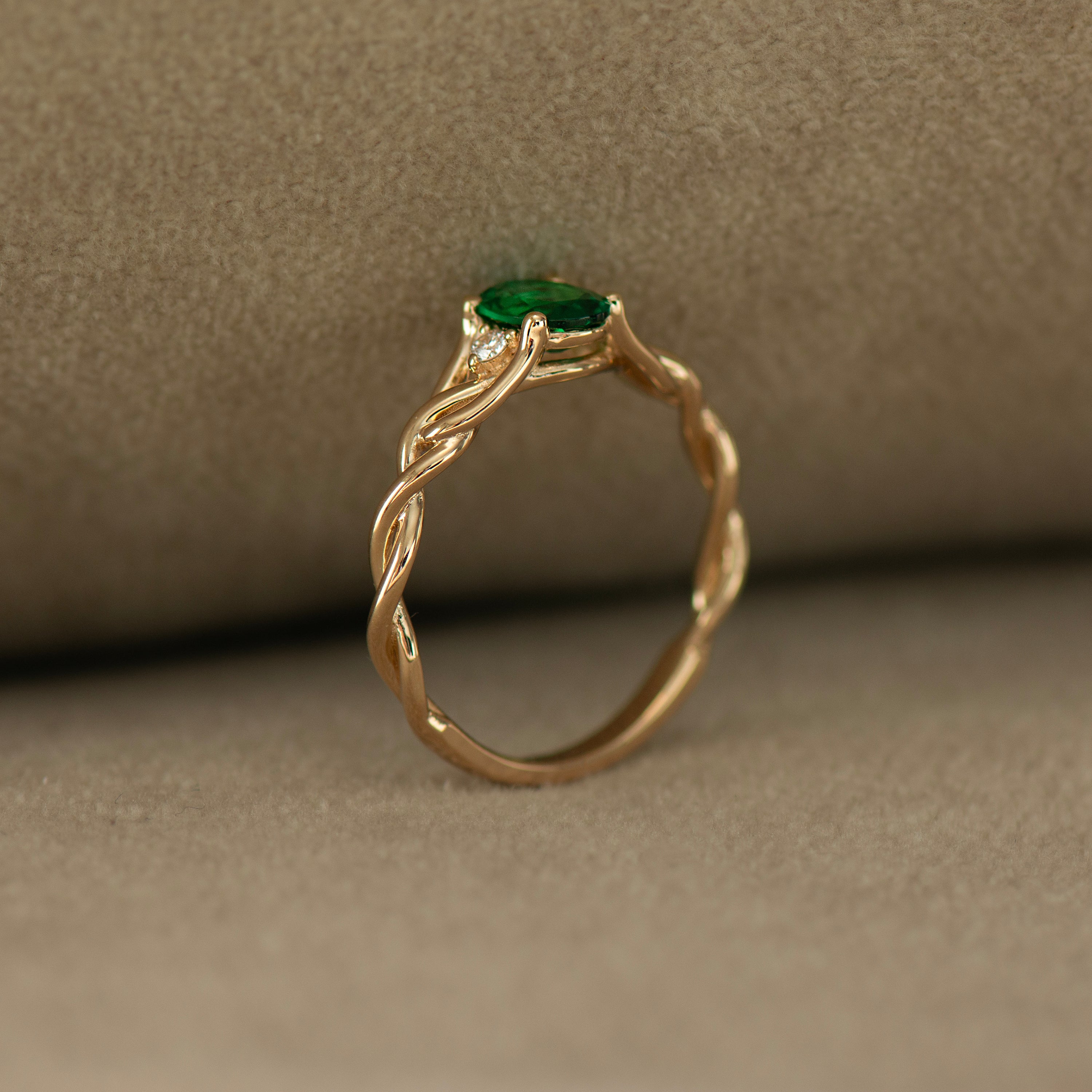 Celtic Three Stone Lab Emerald Ring