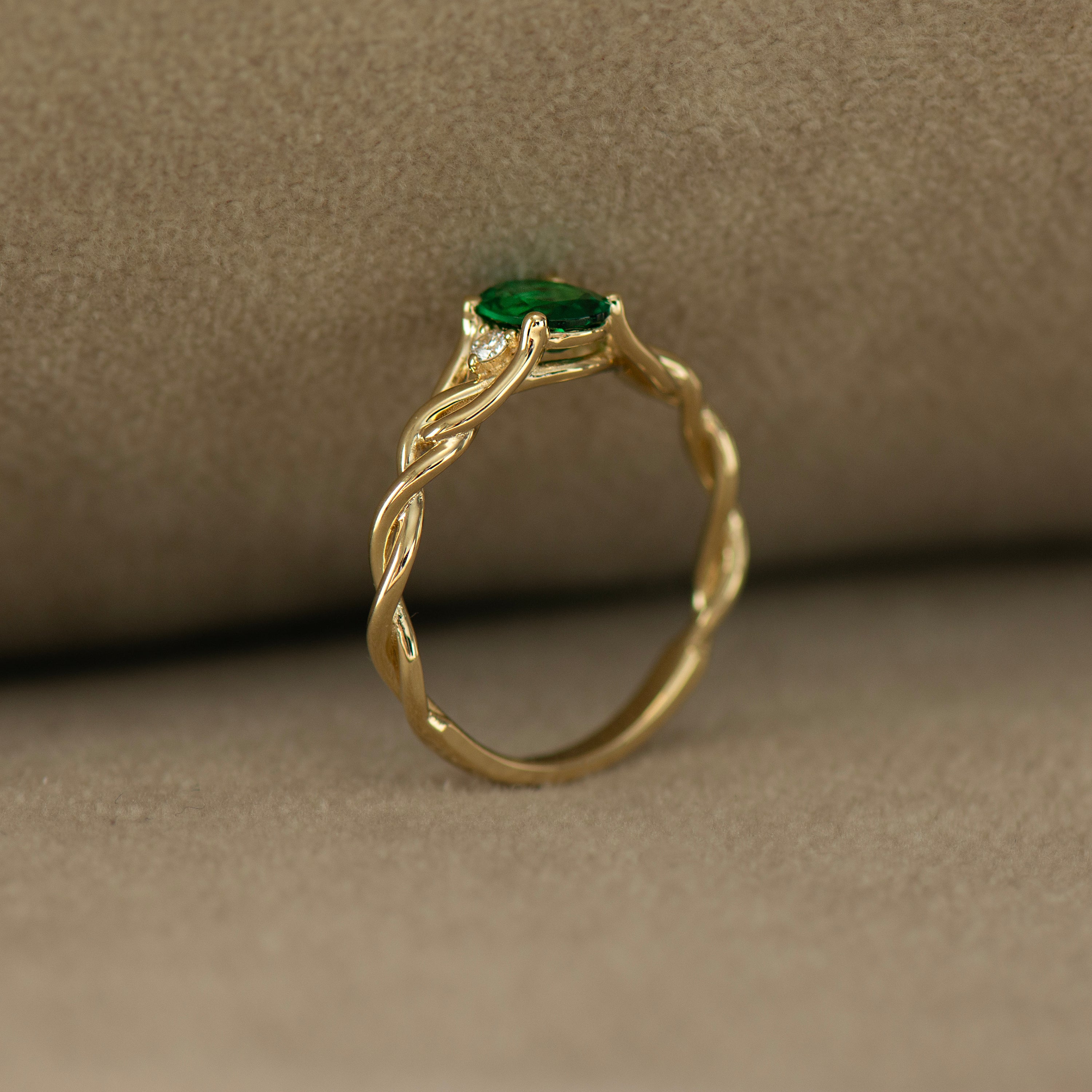 Celtic Three Stone Lab Emerald Ring