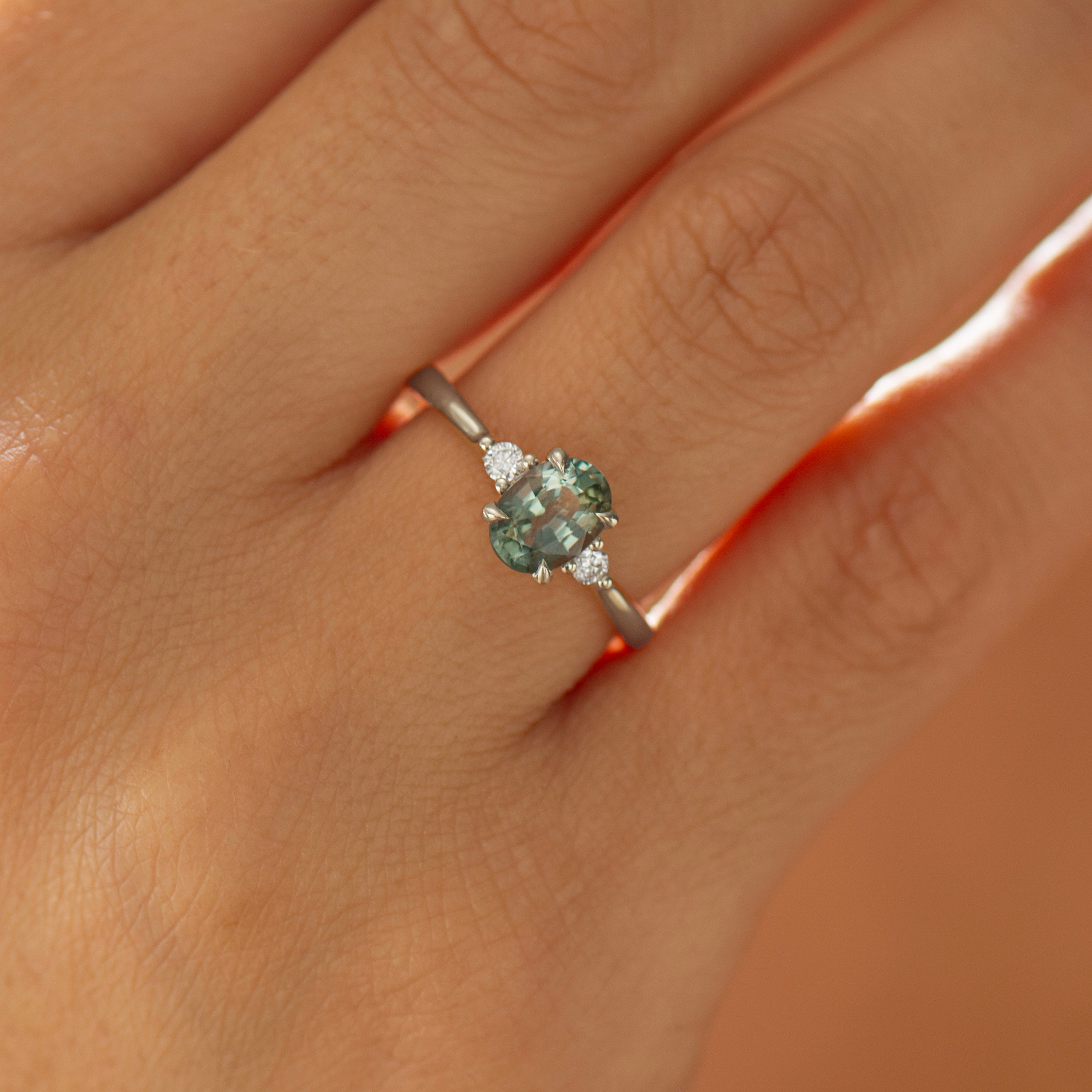 Floating Blue Green Teal Sapphire Ring