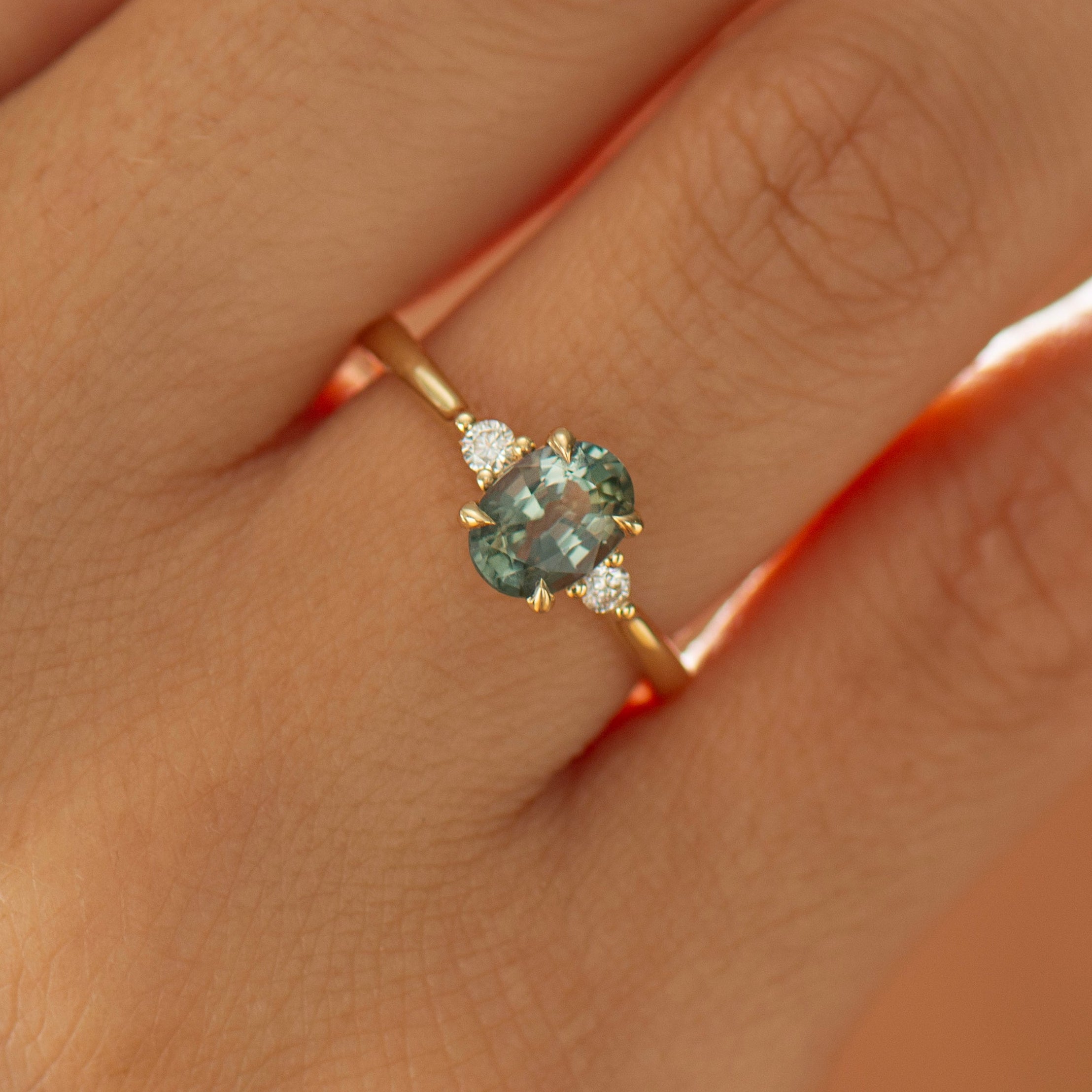 Floating Blue Green Teal Sapphire Ring