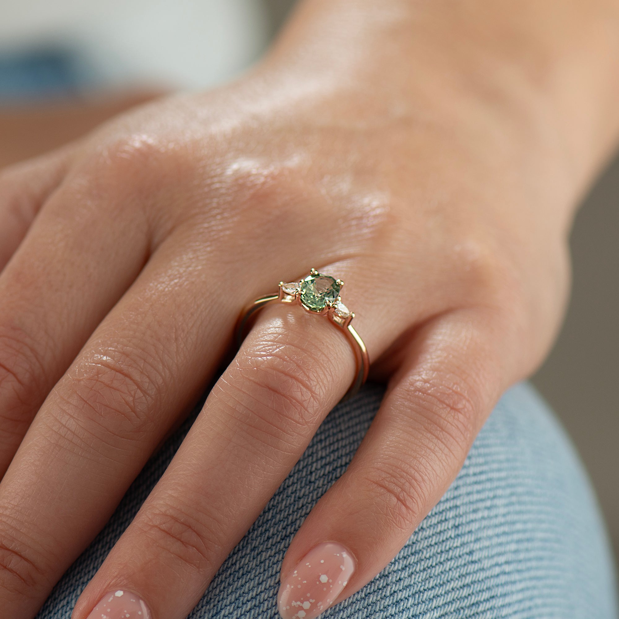 Floating Green Sapphire Engagement Ring - Oval