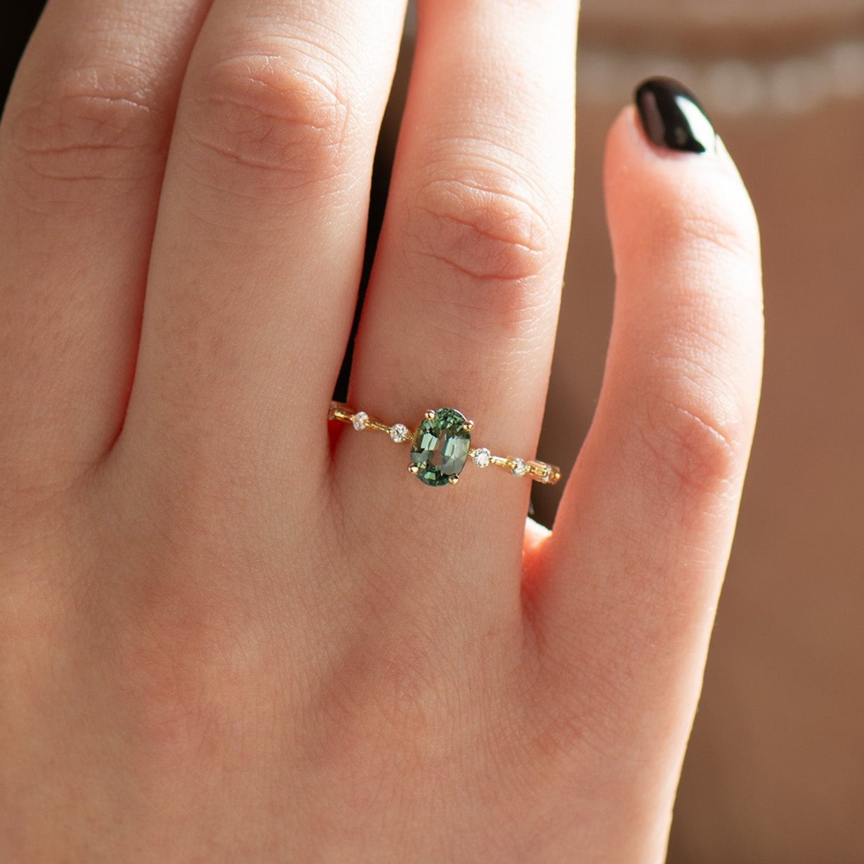 Green Blue Sapphire Engagement Ring