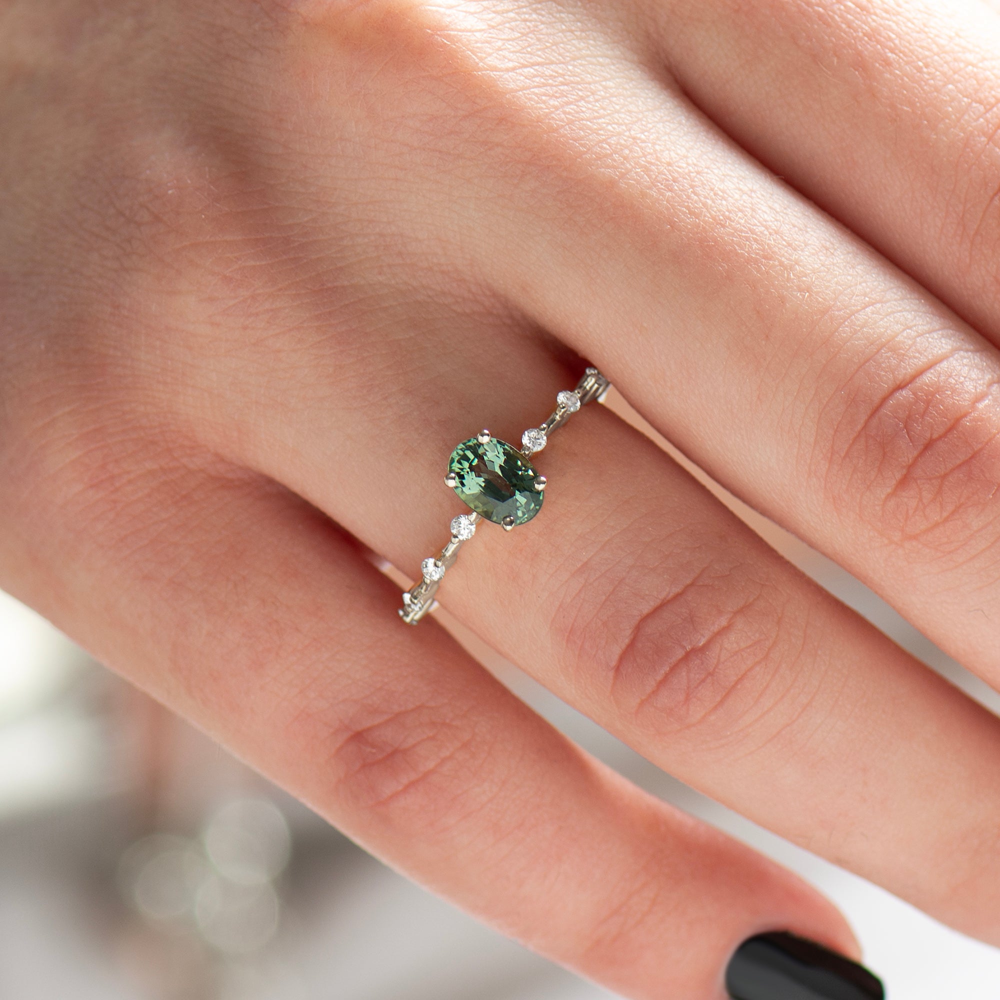 Green Blue Sapphire Engagement Ring