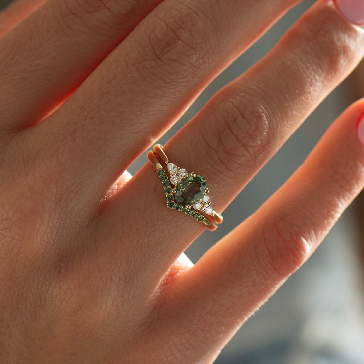 Green Sapphire Engagement Set - Green Diamonds Set