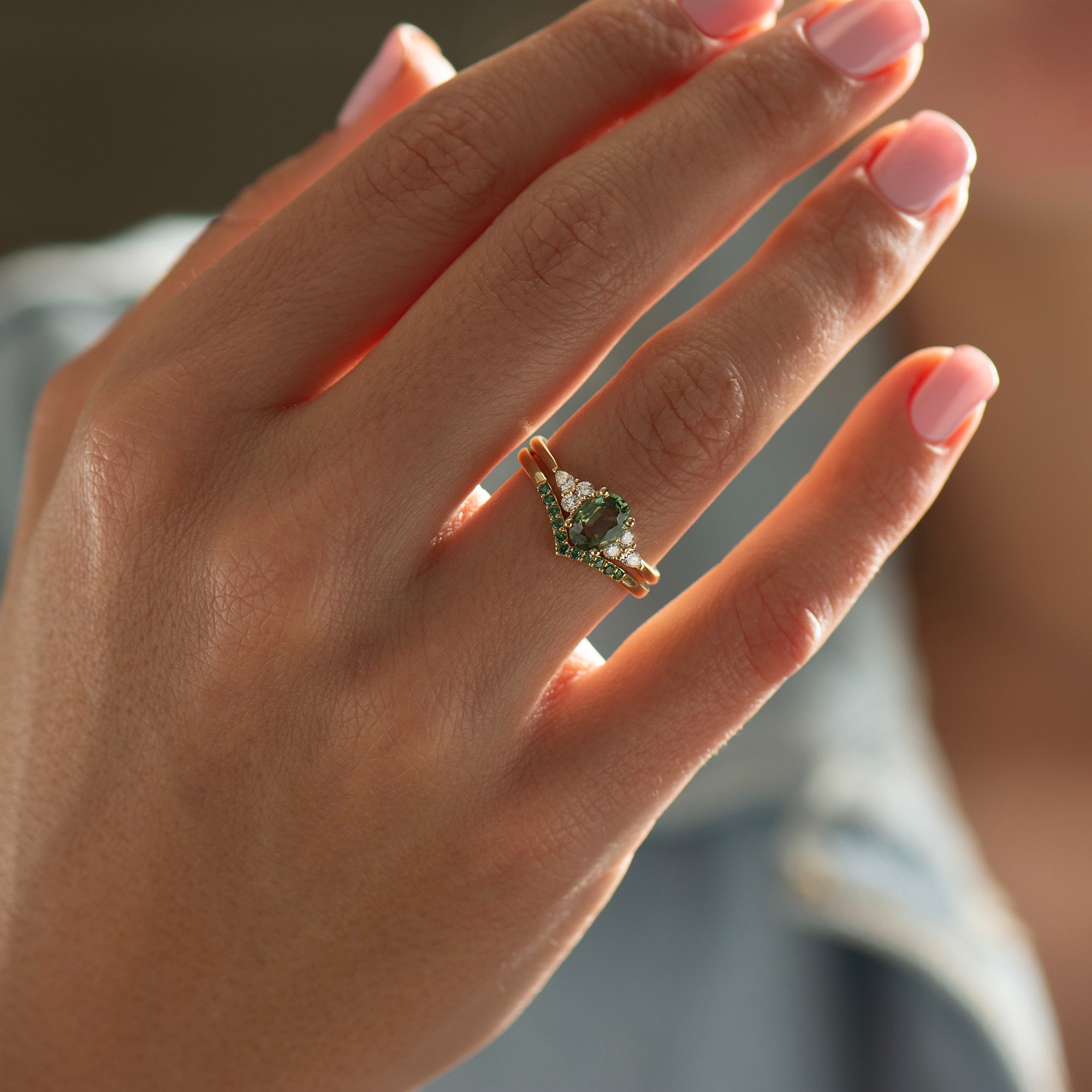 Green Sapphire Engagement Set - Green Diamonds Set