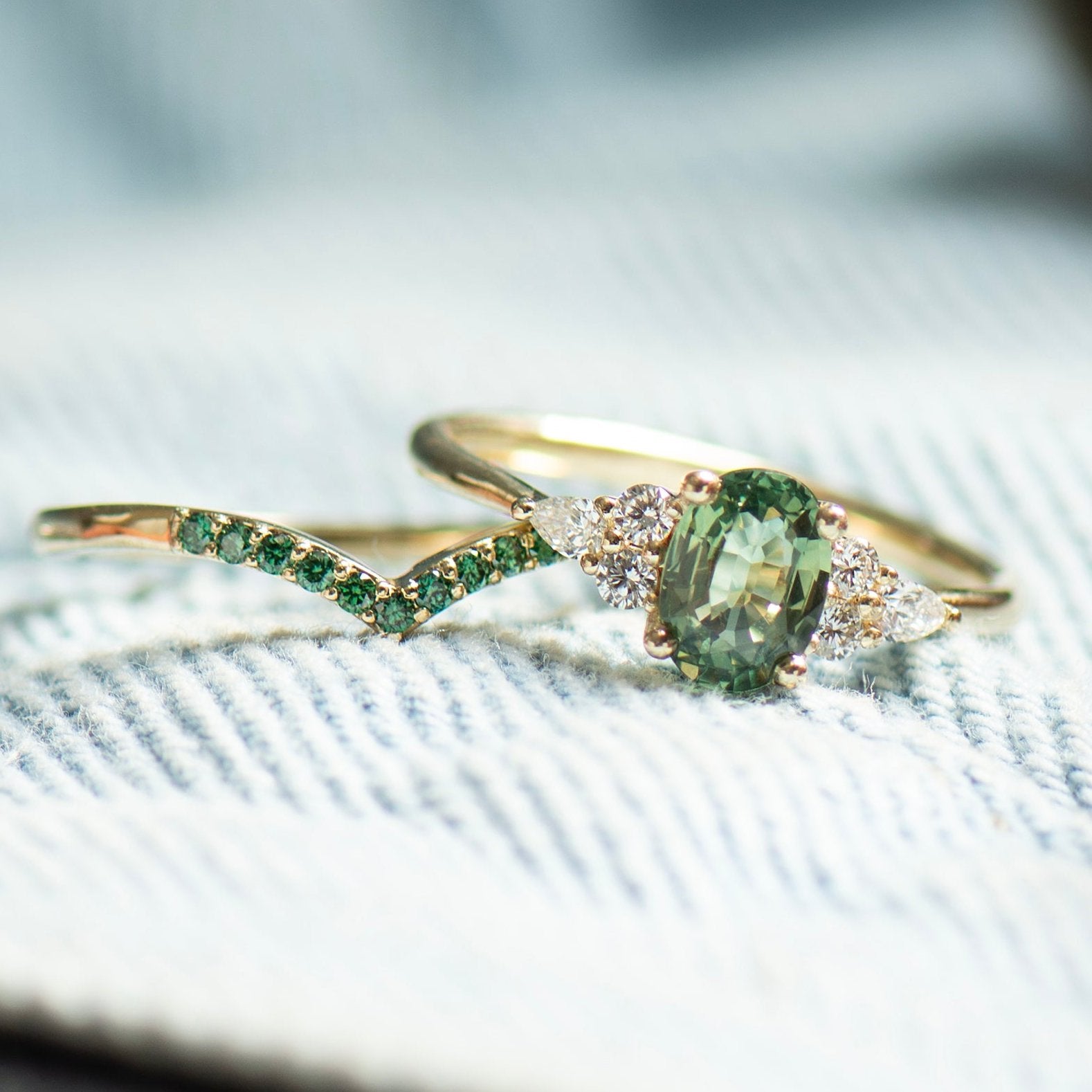 Green Sapphire Engagement Set - Green Diamonds Set