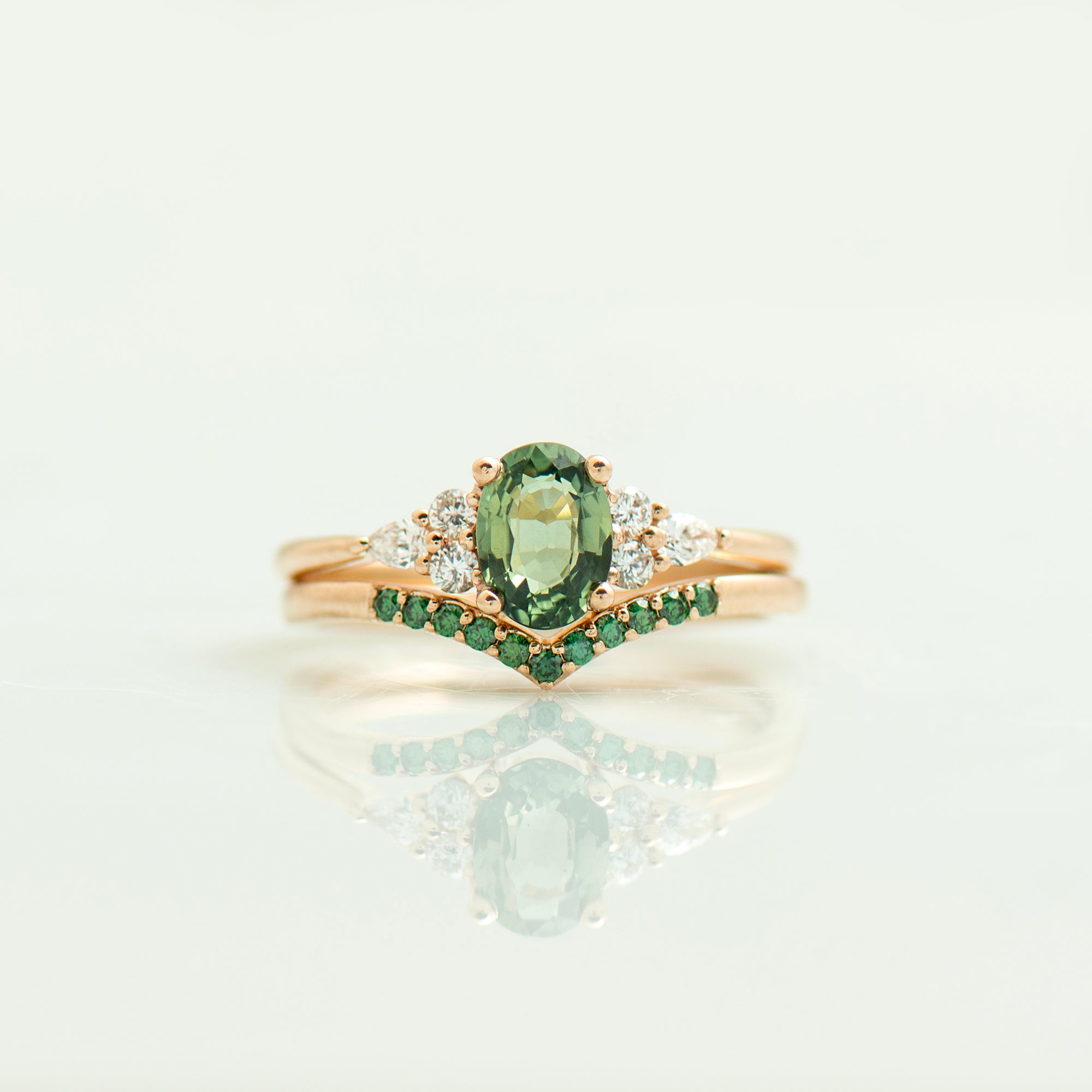 Green Sapphire Engagement Set - Green Diamonds Set