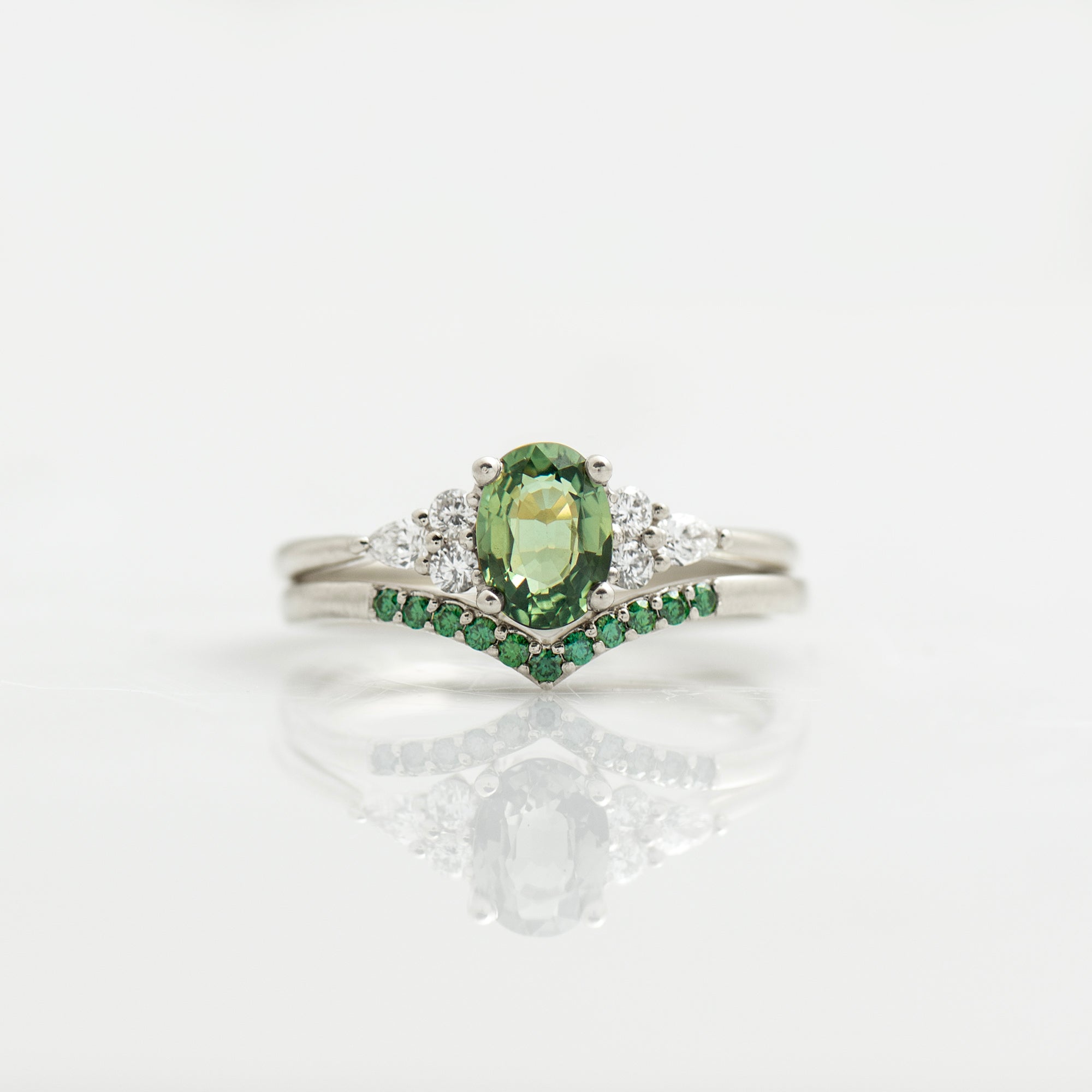 Green Sapphire Engagement Set - Green Diamonds Set