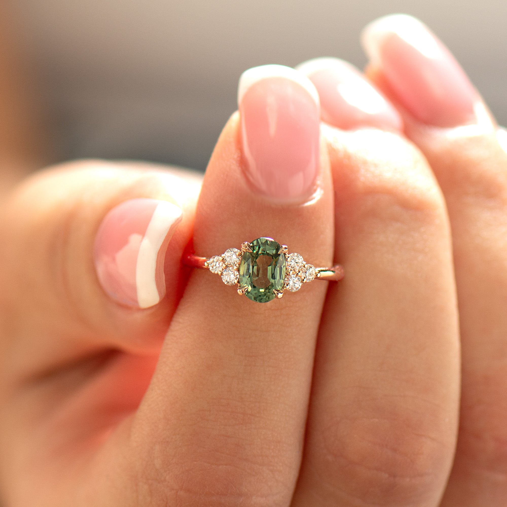 Cluster Green Sapphire Engagement Ring - Round Sides