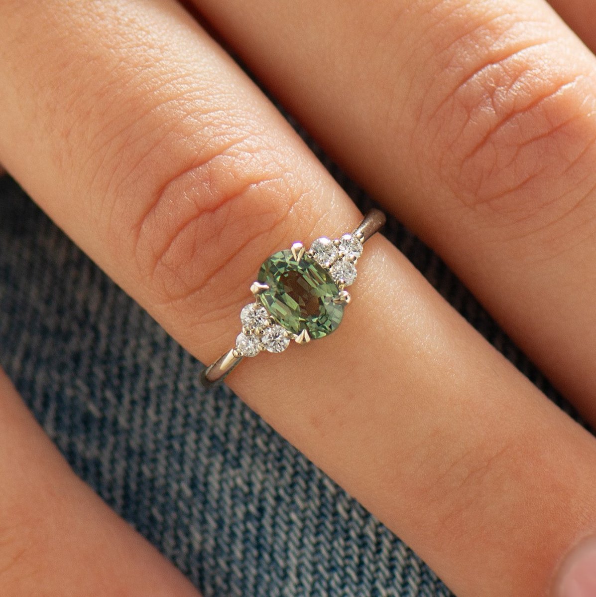 Cluster Green Sapphire Engagement Ring - Round Sides