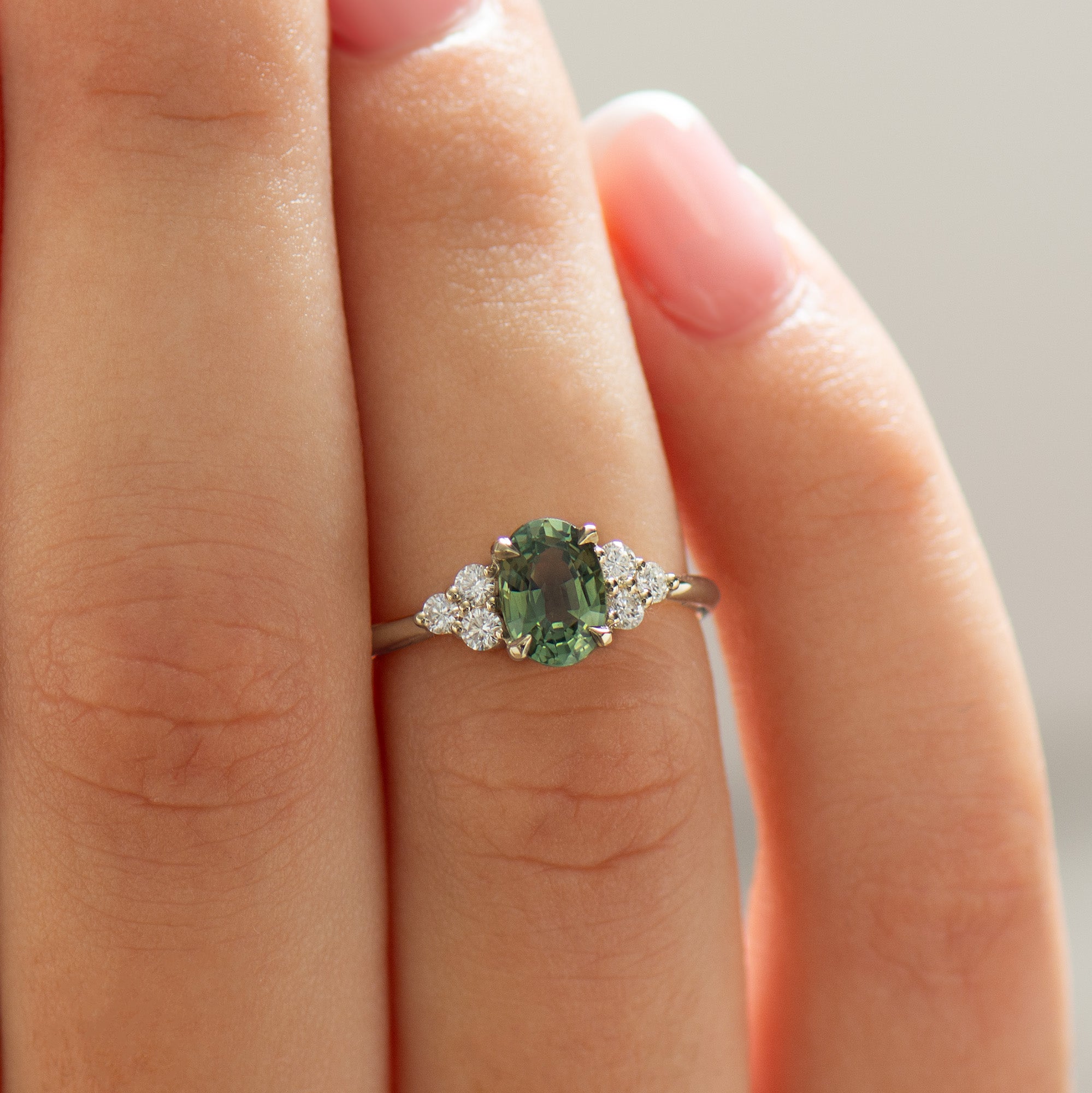 Cluster Green Sapphire Engagement Ring - Round Sides