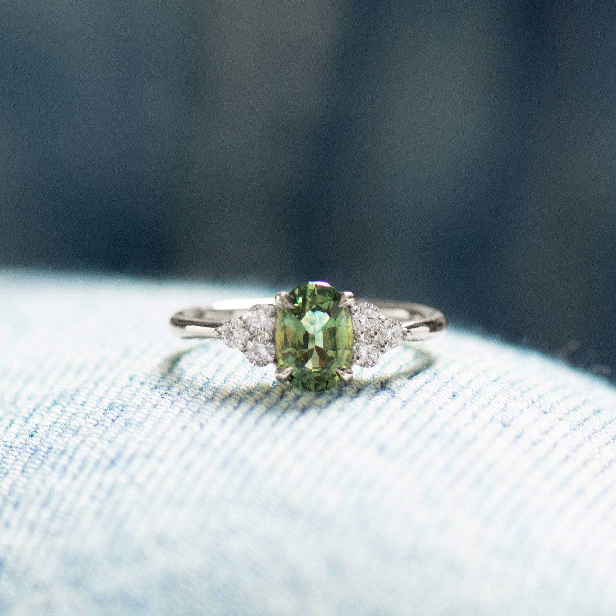 Cluster Green Sapphire Engagement Ring - Round Sides